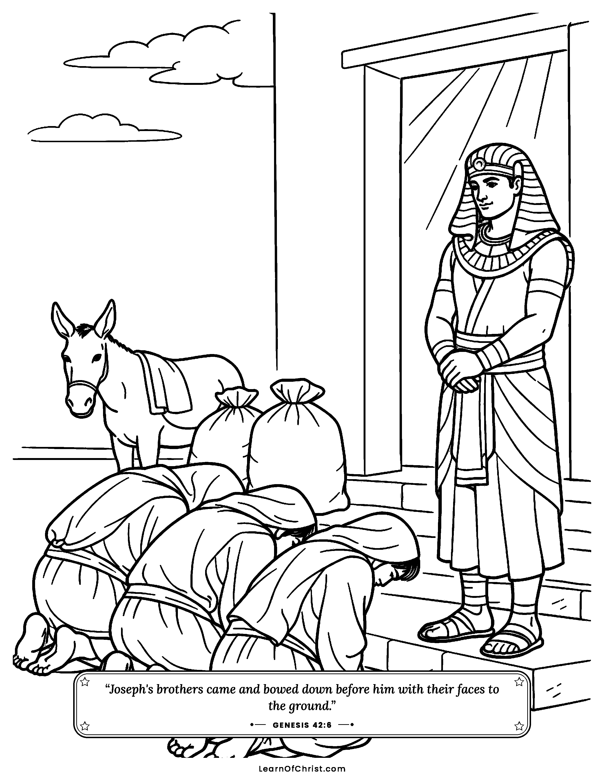 Genesis 42 coloring page - Three brothers bow before the governor. Free printable Bible coloring sheet for kids.