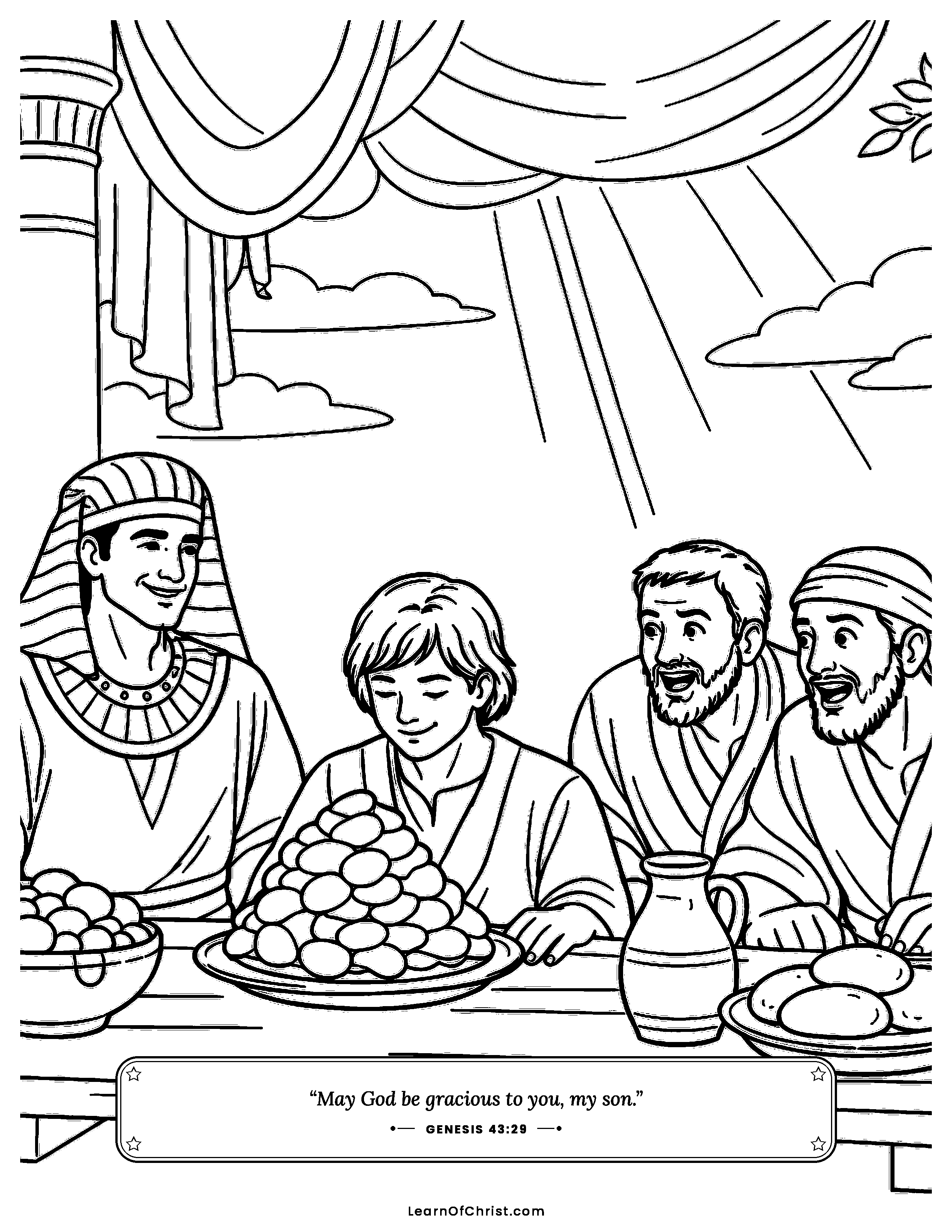 Genesis 43 coloring page - A feast for Benjamin in Egypt. Free printable Bible coloring sheet for kids.