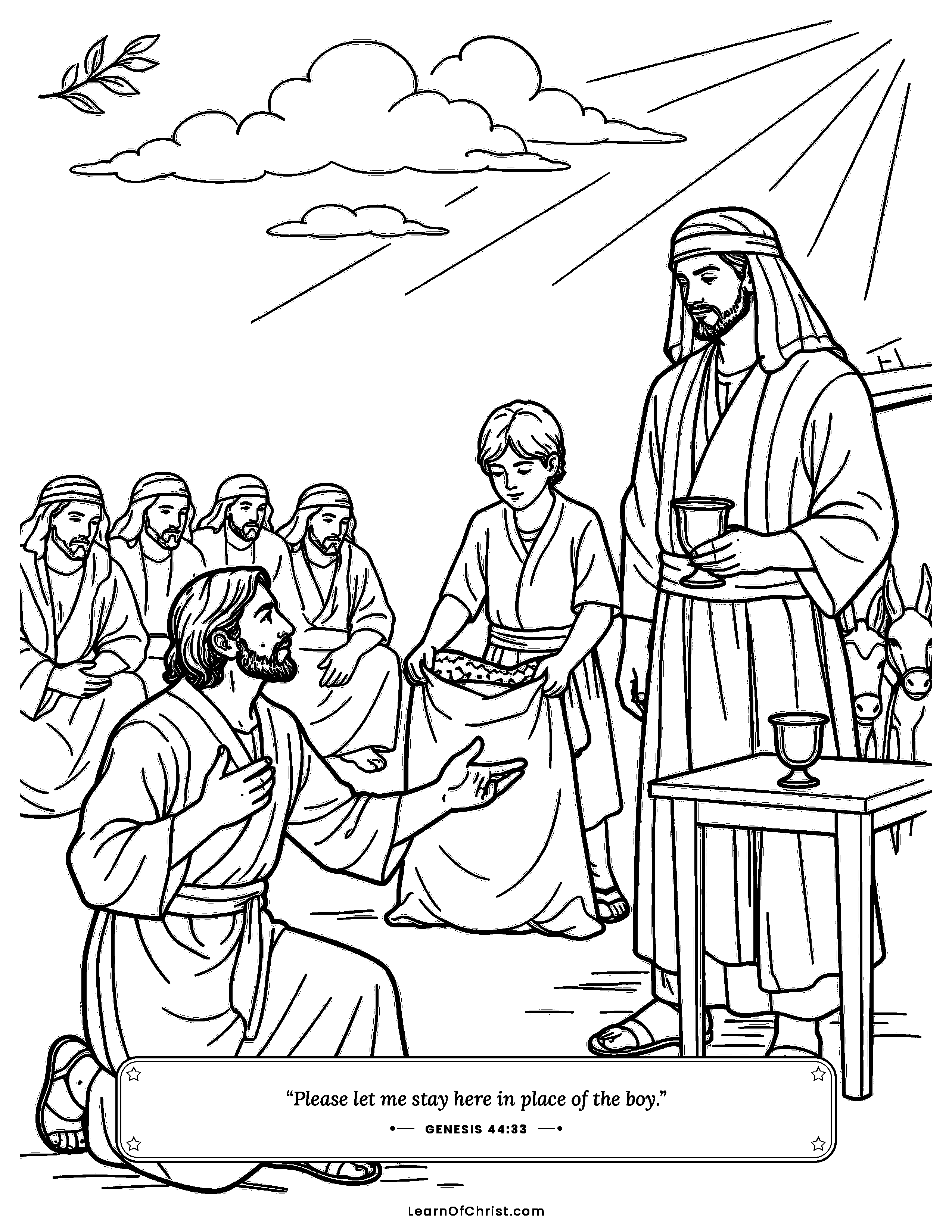 Genesis 44 coloring page - Judah offers to take Benjamin's place. Free printable Bible coloring sheet for kids.