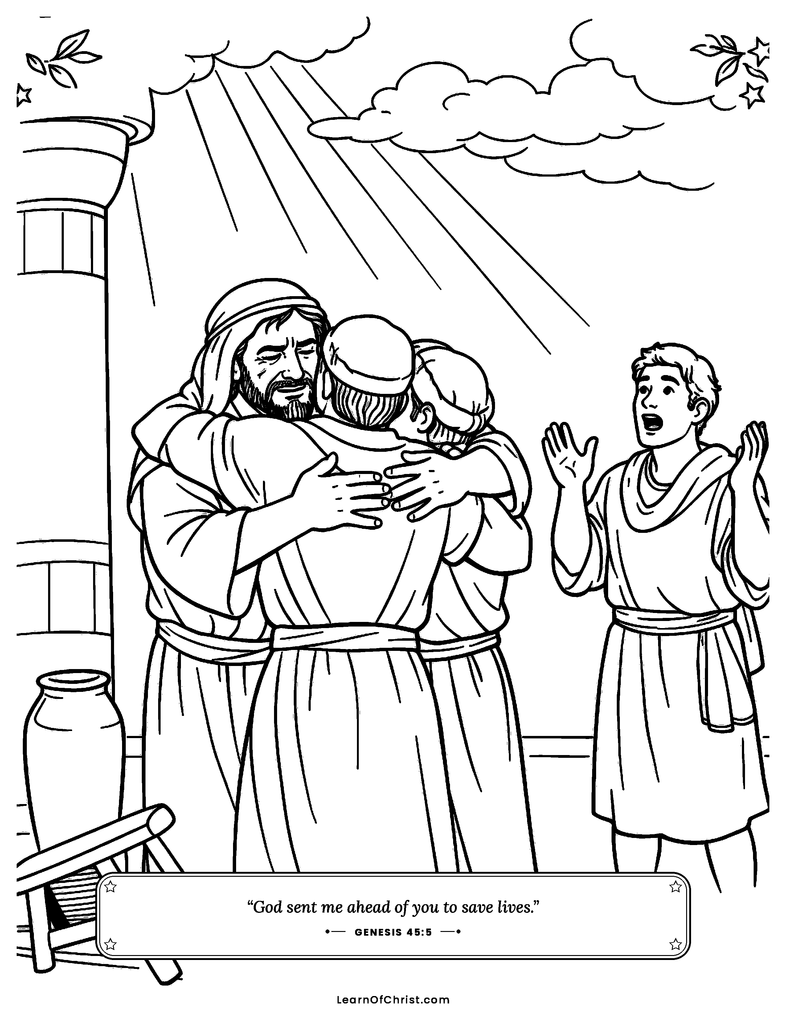 Genesis 45 coloring page - Joseph tells his brothers who he is. Free printable Bible coloring sheet for kids.