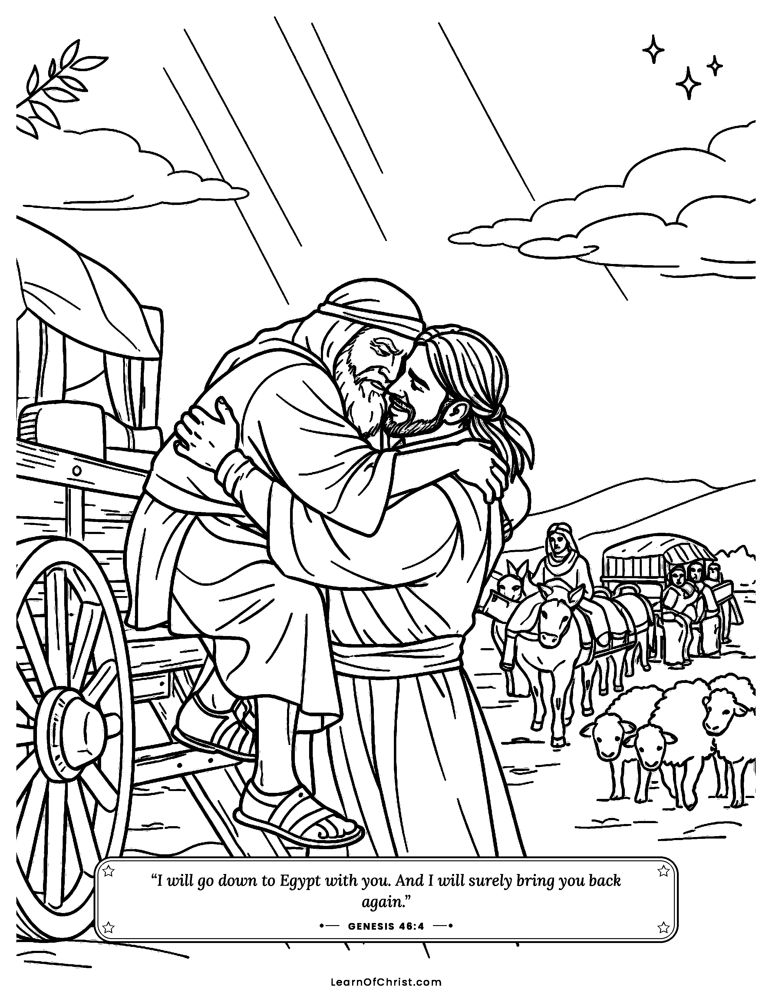 Genesis 46 coloring page - Jacob and Joseph meet again at last. Free printable Bible coloring sheet for kids.