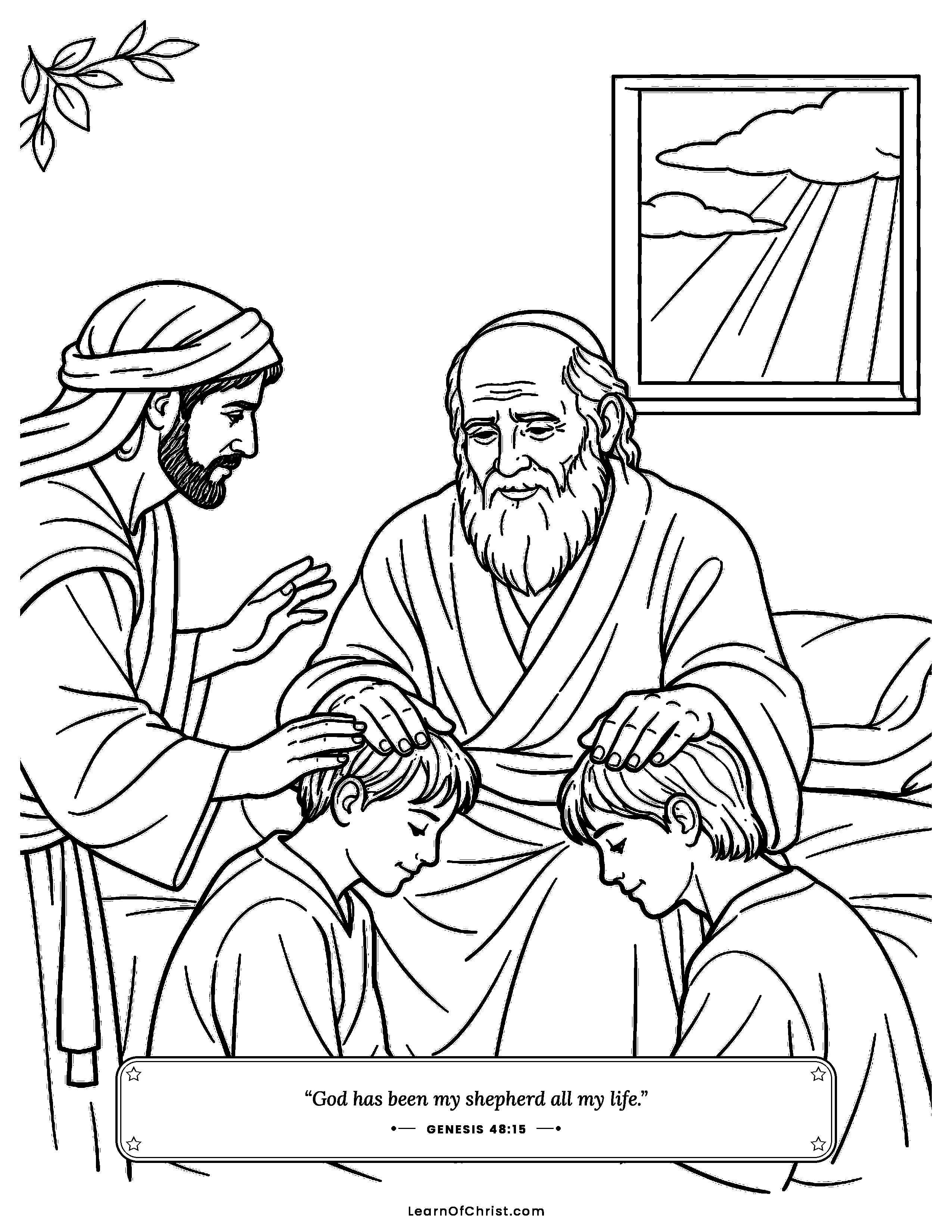 Genesis 48 coloring page - Jacob crosses his hands to bless. Free printable Bible coloring sheet for kids.
