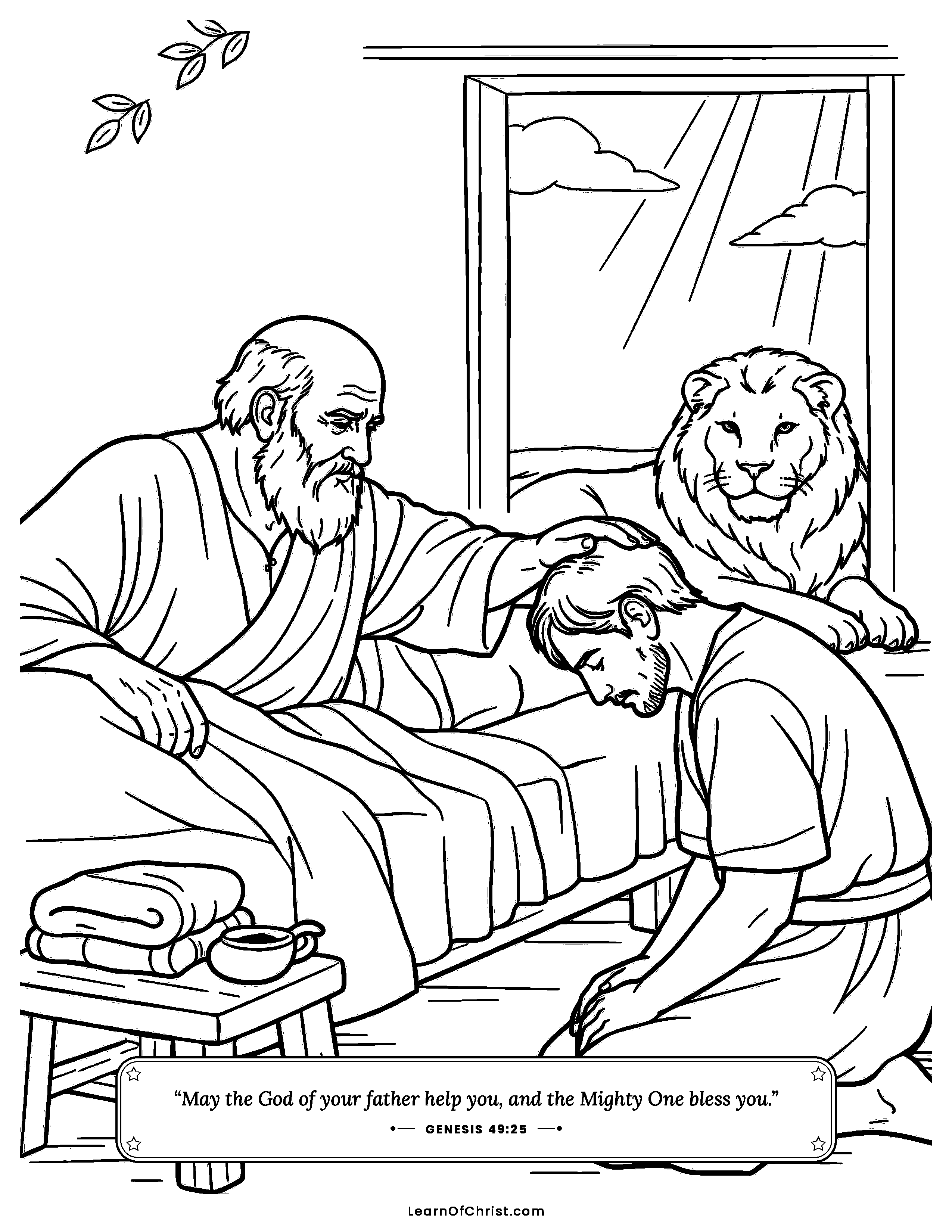 Genesis 49 coloring page - Jacob blesses Judah the lion. Free printable Bible coloring sheet for kids.