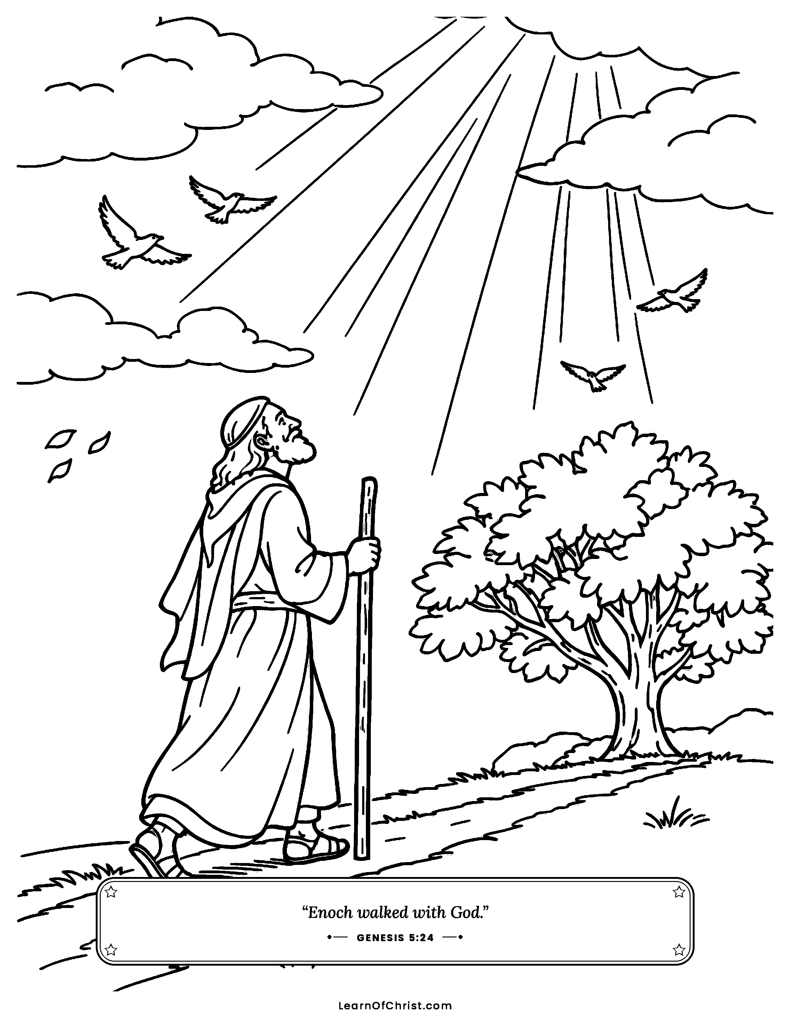 Genesis 5 coloring page - Enoch walks with God every day. Free printable Bible coloring sheet for kids.