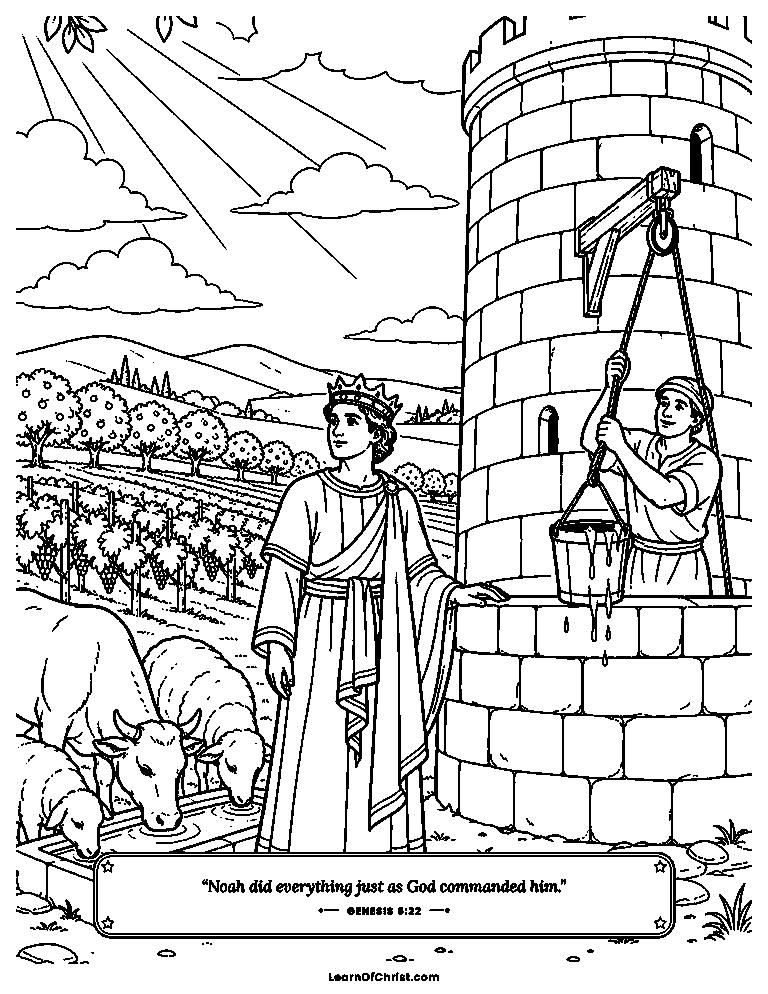 Genesis 6 coloring page - Noah builds the enormous ark