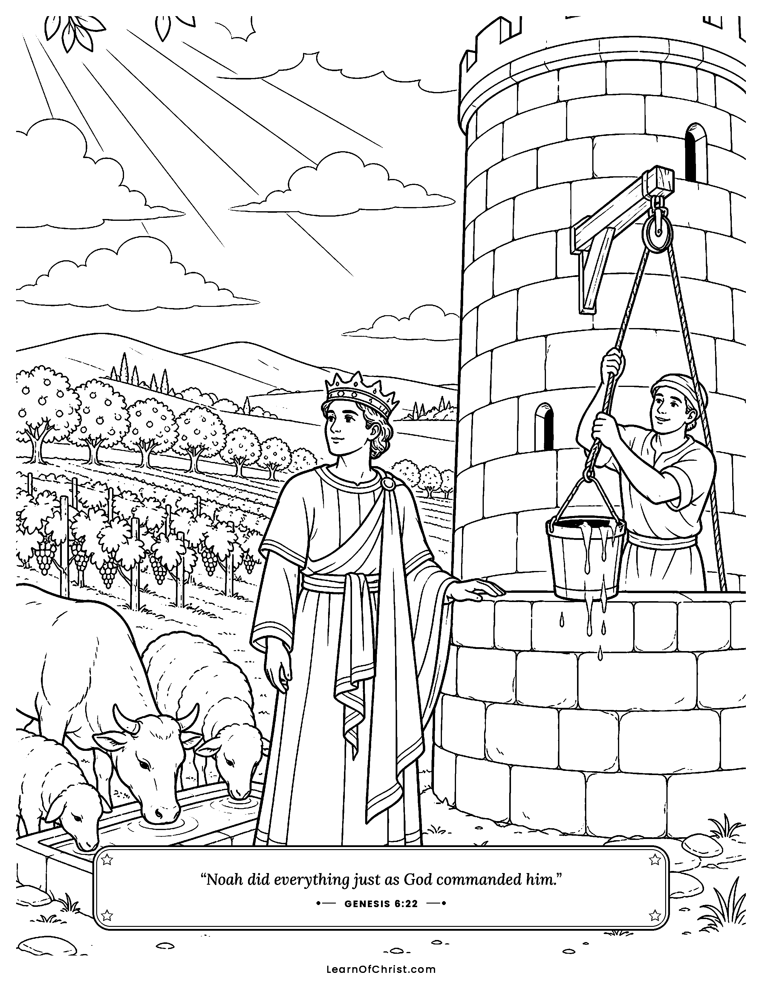 Genesis 6 coloring page - Noah builds the enormous ark. Free printable Bible coloring sheet for kids.