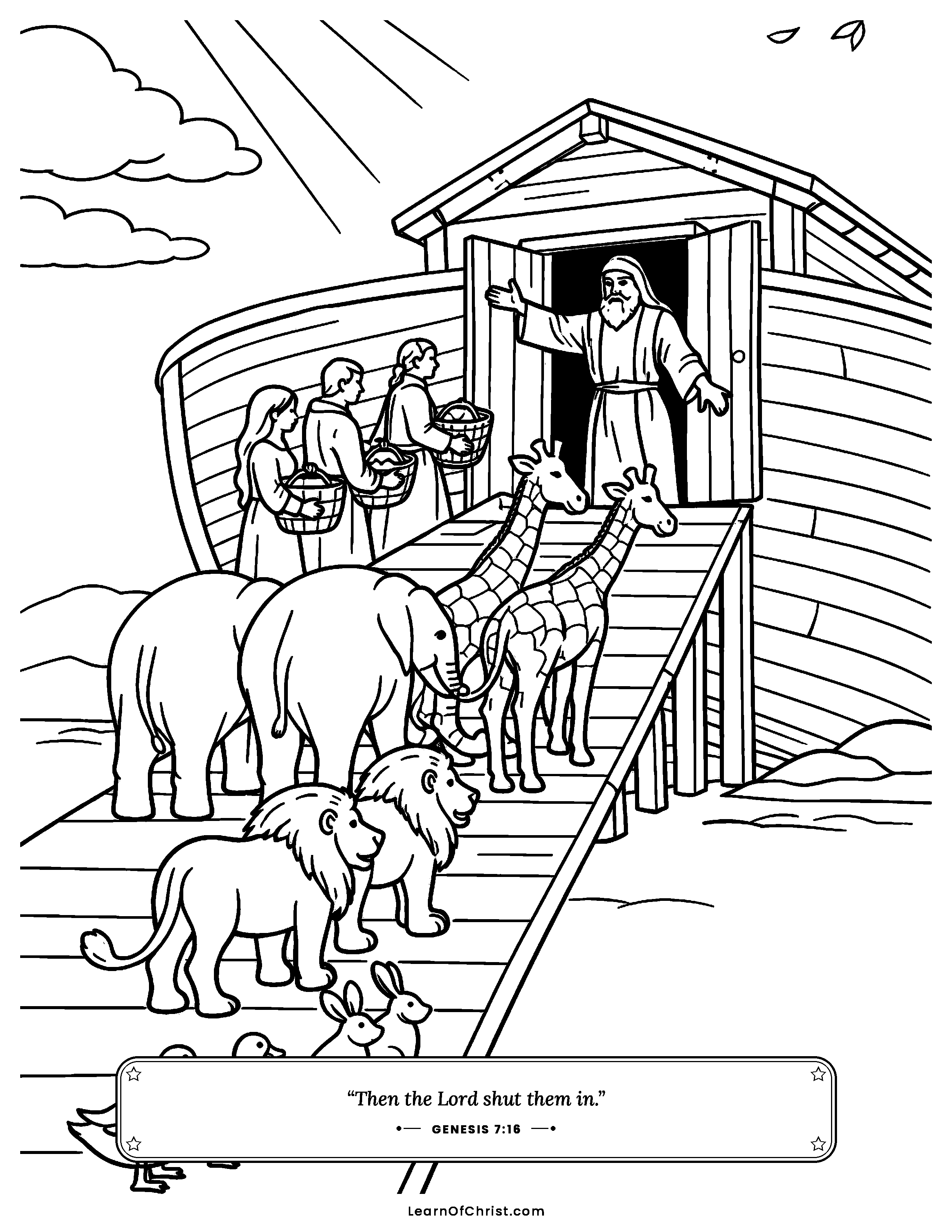 Genesis 7 coloring page - The animals come two by two. Free printable Bible coloring sheet for kids.