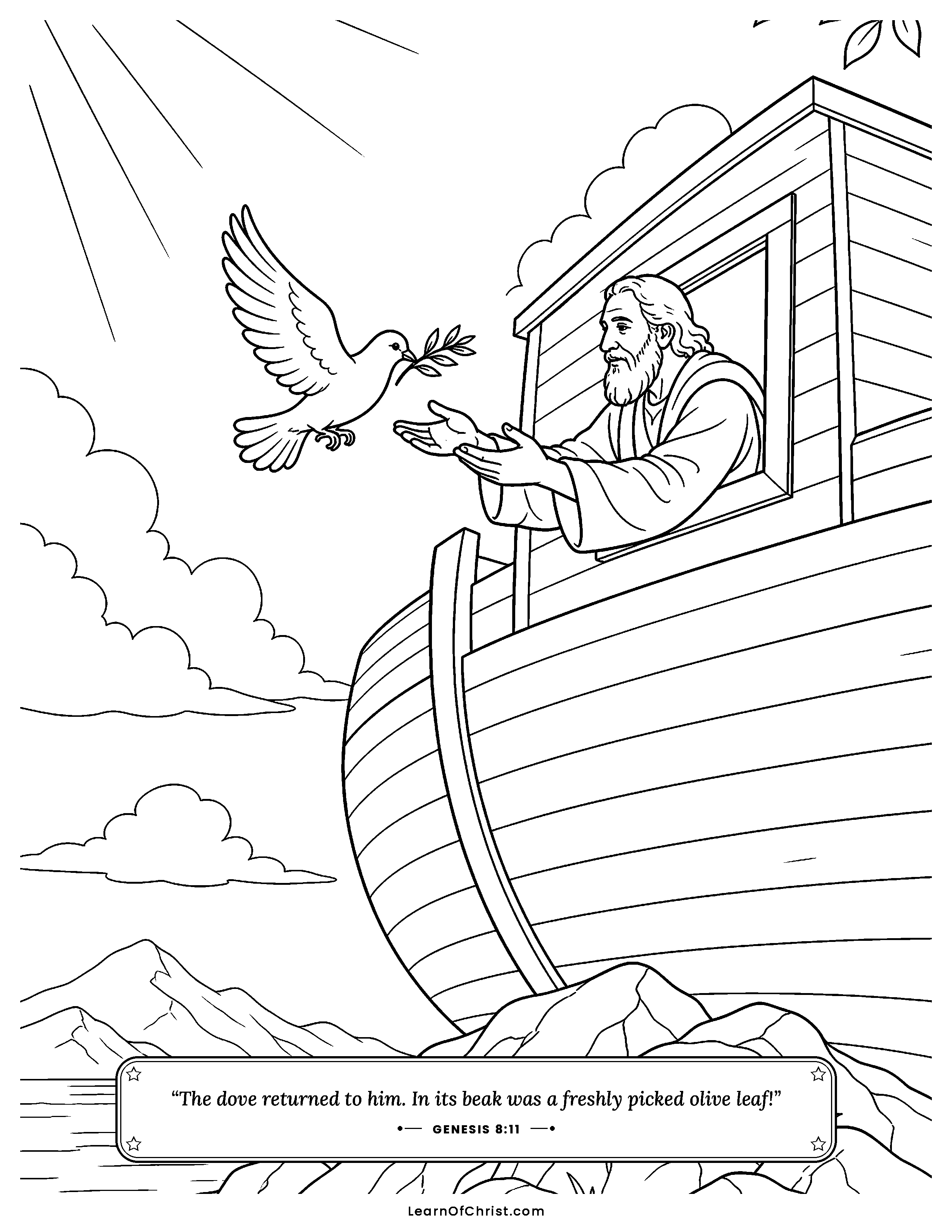 Genesis 8 coloring page - The dove brings an olive leaf. Free printable Bible coloring sheet for kids.