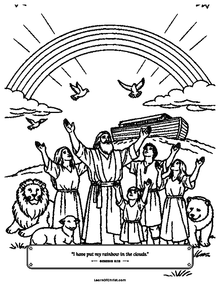 Genesis 9 coloring page - A rainbow arches over the ark