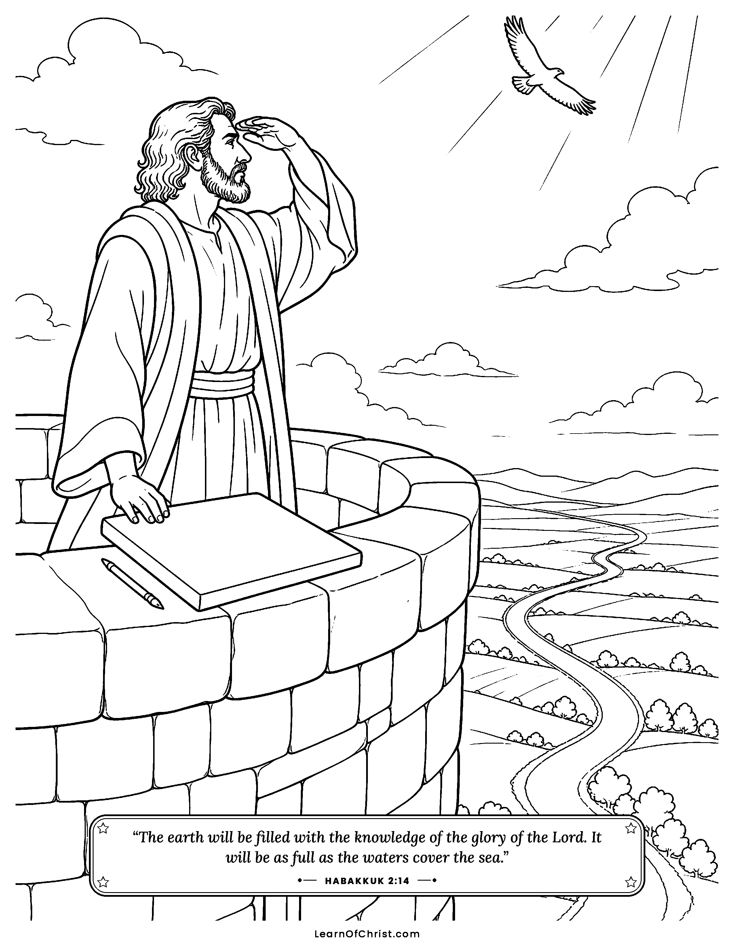 Habakkuk 2 coloring page - Watching from the tower for God's answer. Free printable Bible coloring sheet for kids.
