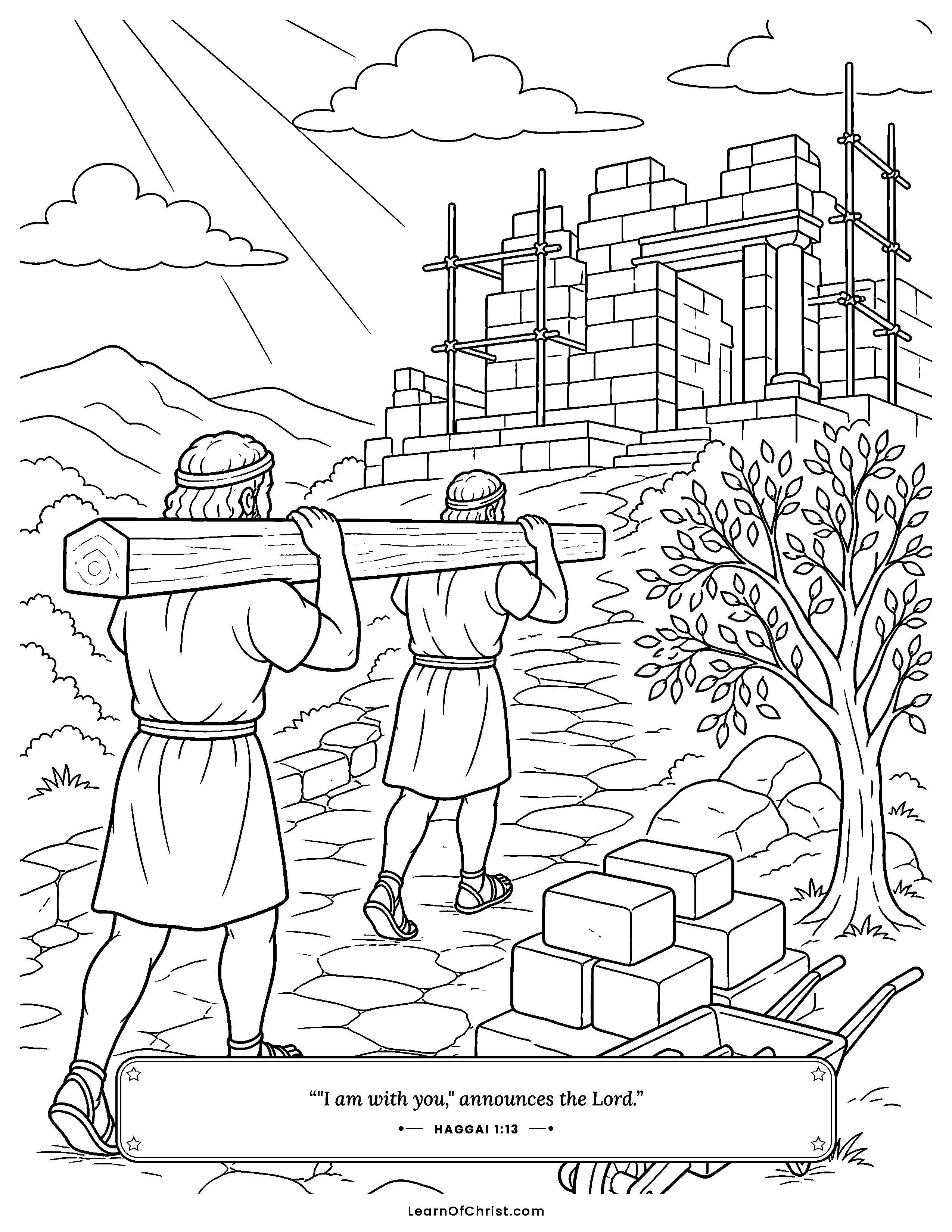 Haggai 1 coloring page - Carrying timber to rebuild God's house. Free printable Bible coloring sheet for kids.