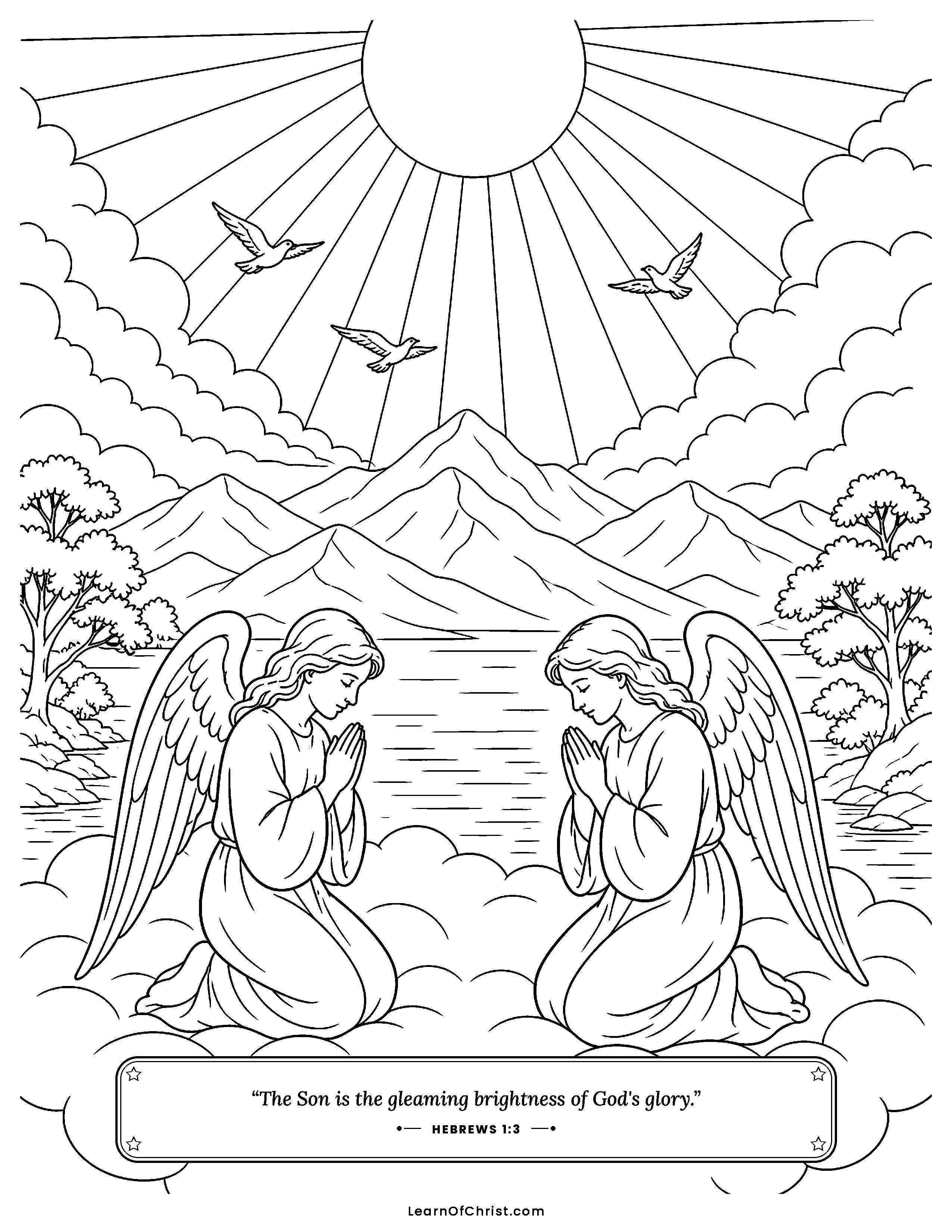 Hebrews 1 coloring page - Bright rays over a world held together. Free printable Bible coloring sheet for kids.