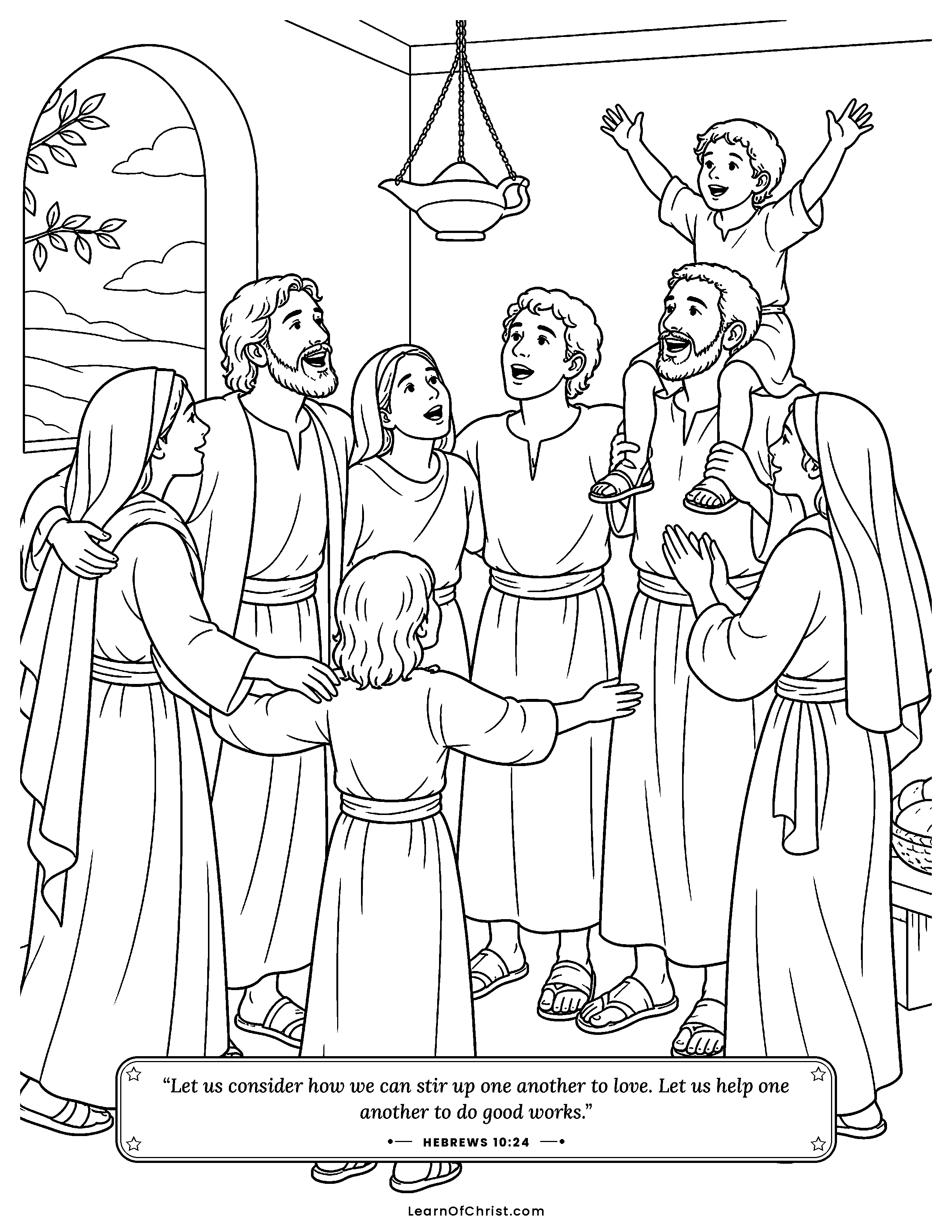 Hebrews 10 coloring page - God's family gathered to cheer. Free printable Bible coloring sheet for kids.