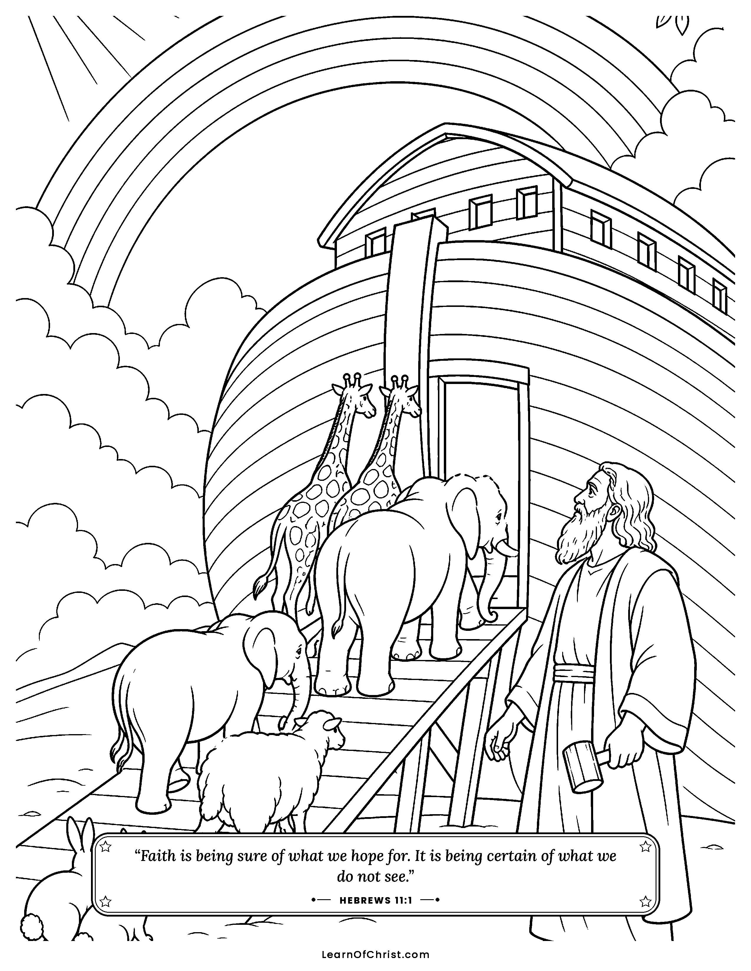 Hebrews 11 coloring page - Noah building the great boat. Free printable Bible coloring sheet for kids.