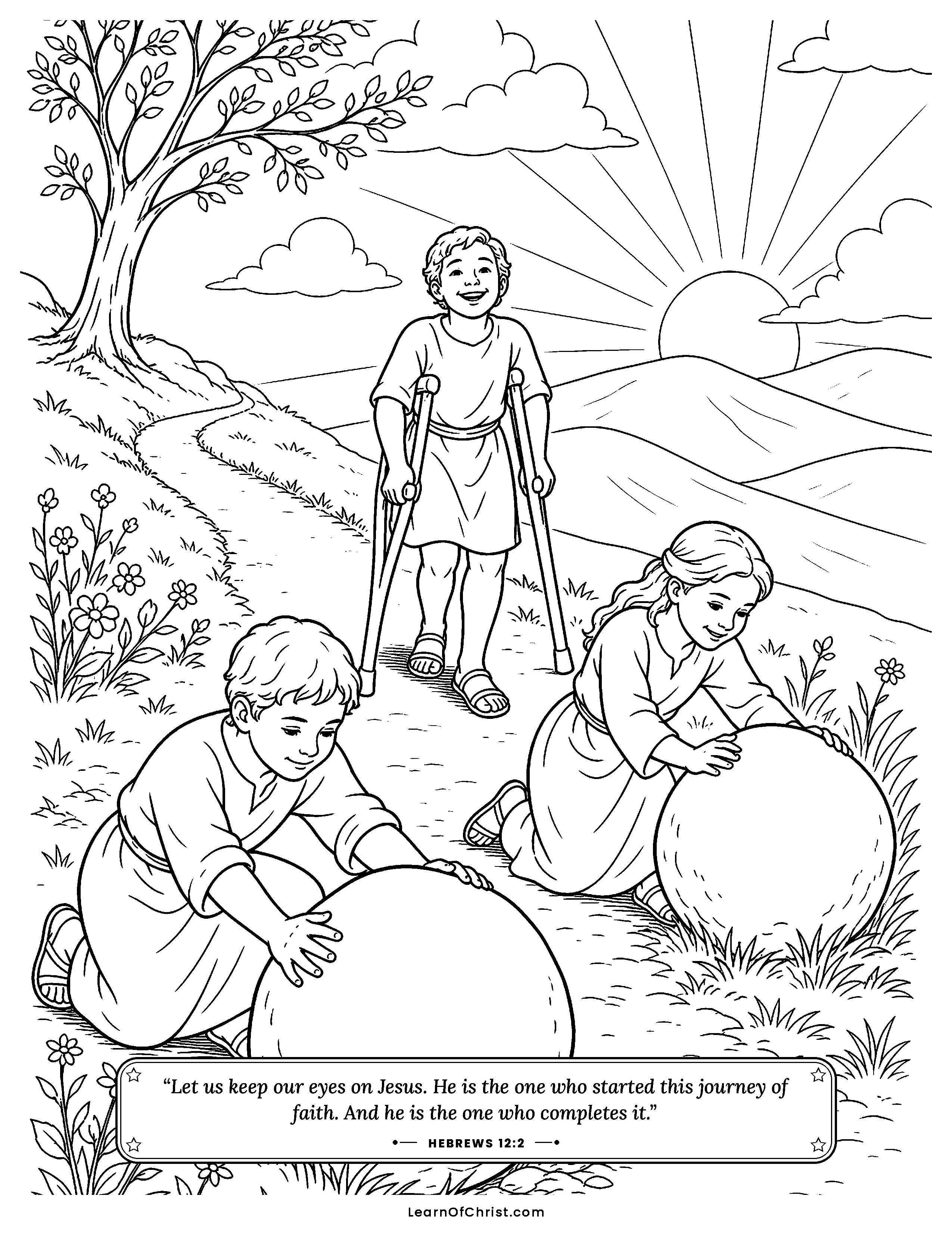 Hebrews 12 coloring page - Clearing the path for a friend. Free printable Bible coloring sheet for kids.
