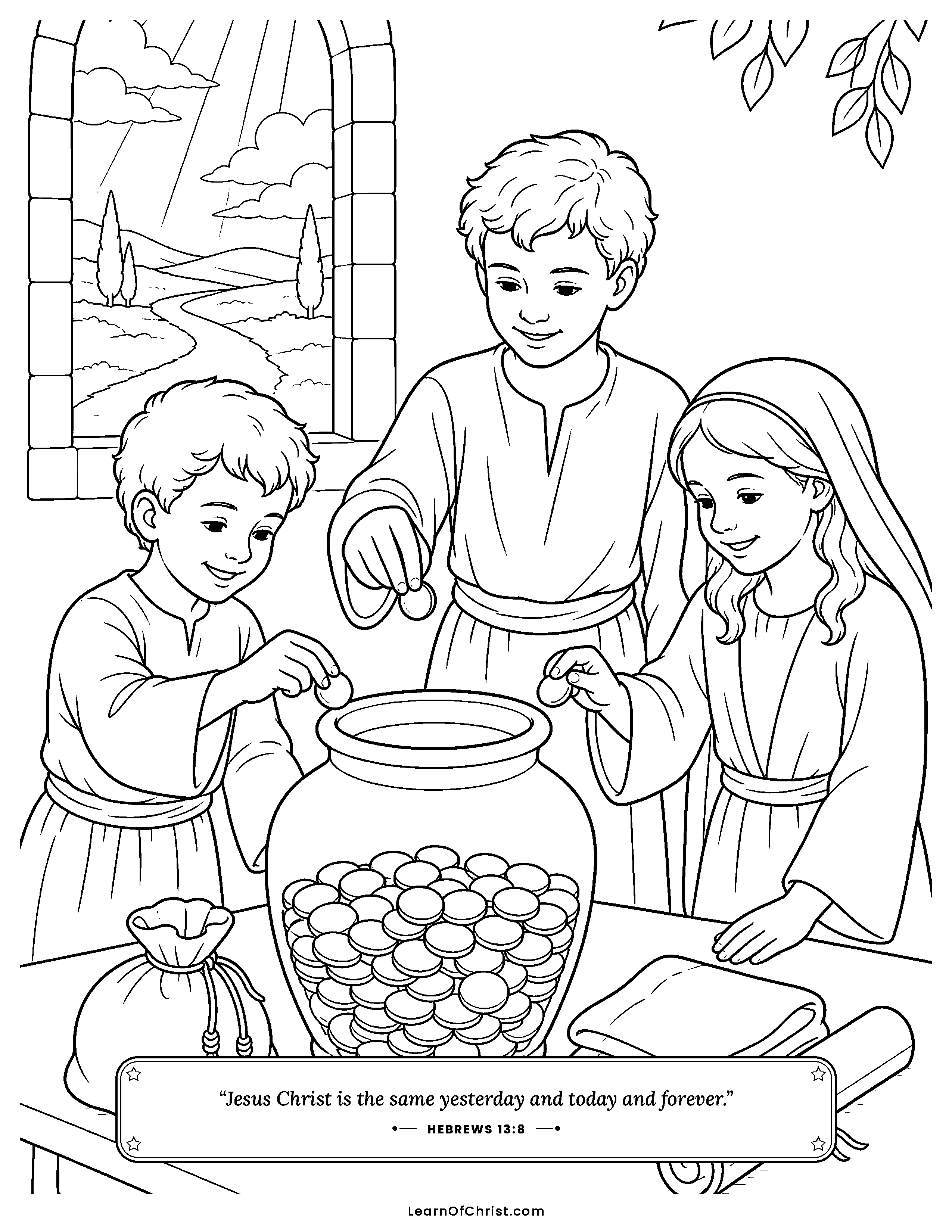 Hebrews 13 coloring page - Sitting with the one left outside. Free printable Bible coloring sheet for kids.