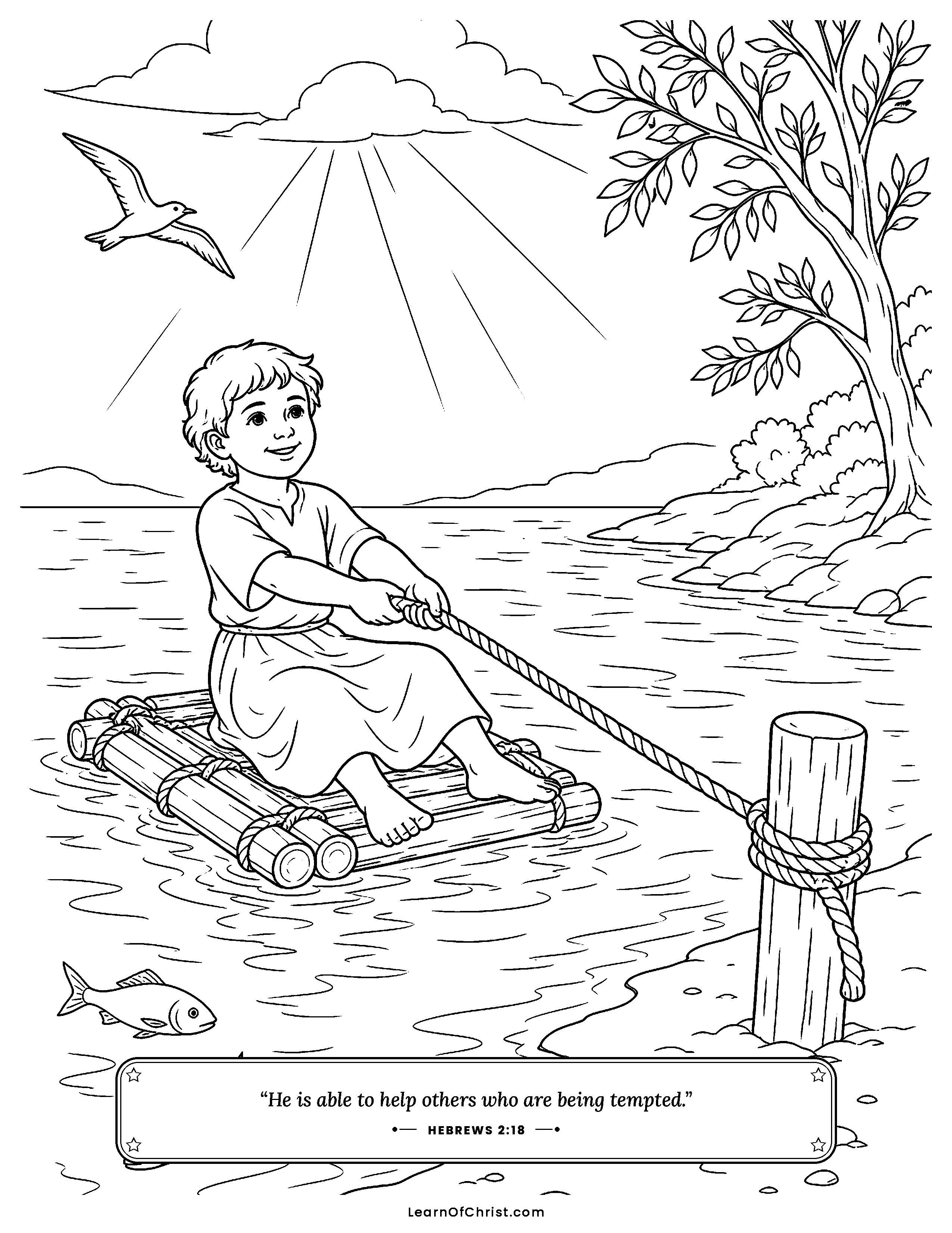 Hebrews 2 coloring page - Holding the rope so you don't drift. Free printable Bible coloring sheet for kids.