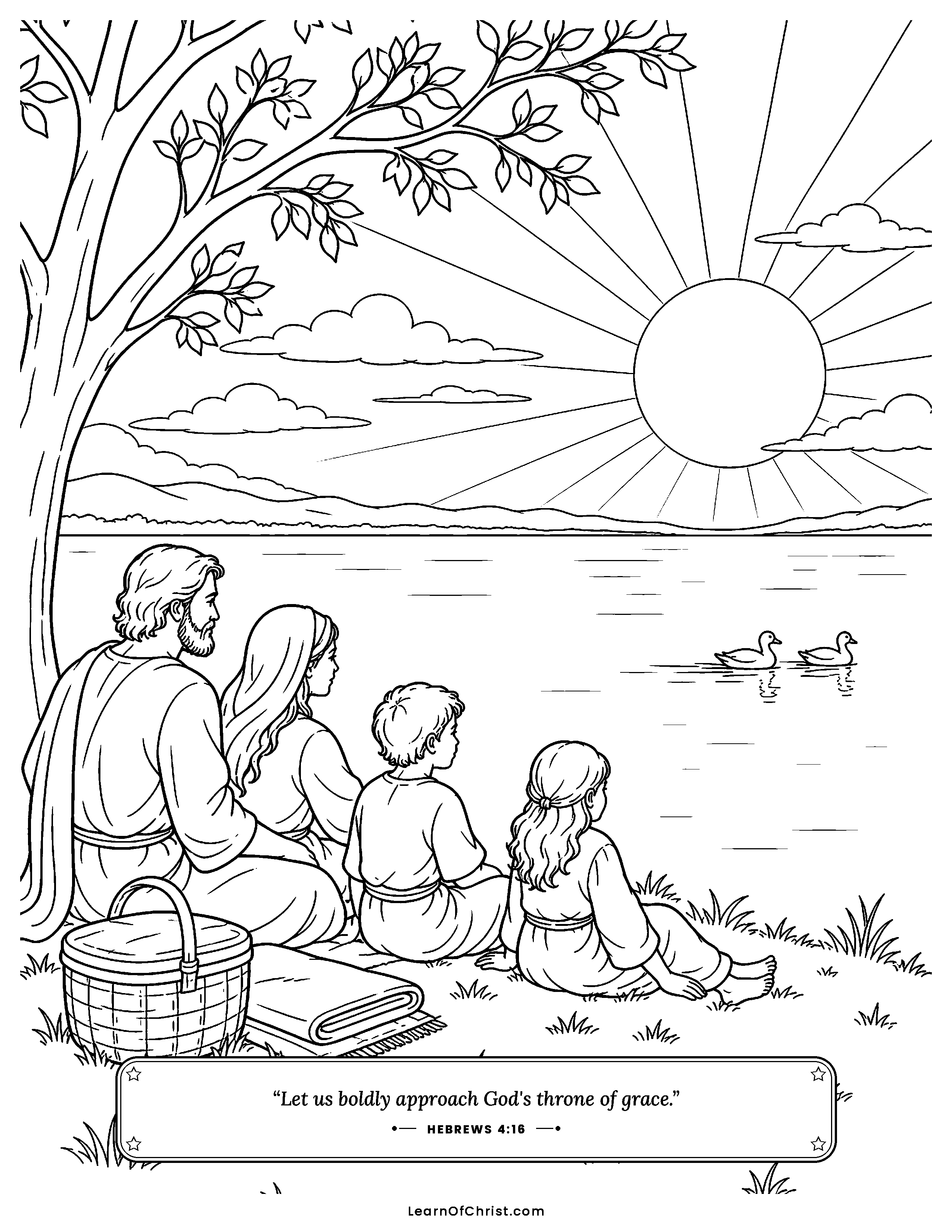 Hebrews 4 coloring page - A quiet resting day by the water. Free printable Bible coloring sheet for kids.