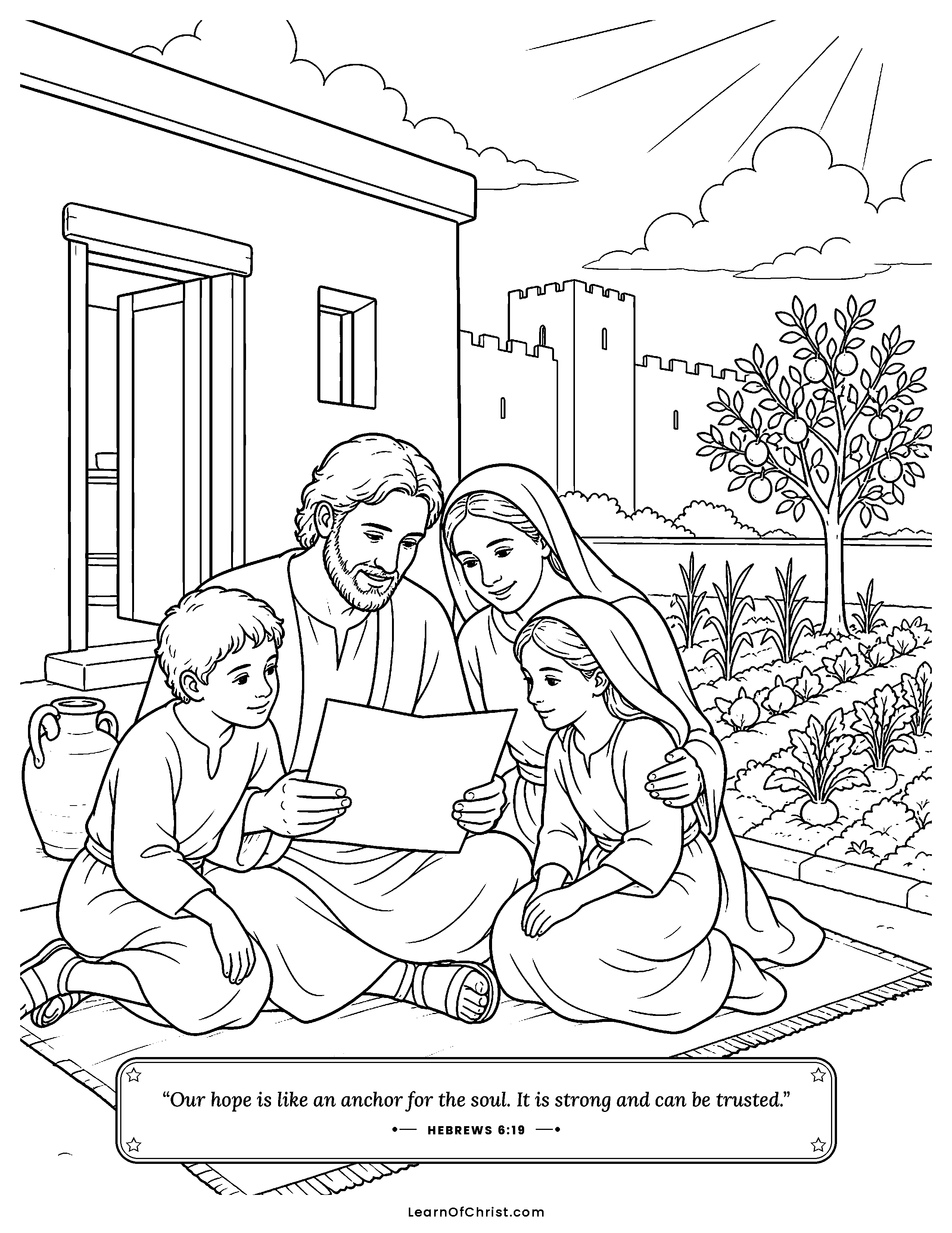 Hebrews 6 coloring page - An anchor holding steady in deep water. Free printable Bible coloring sheet for kids.