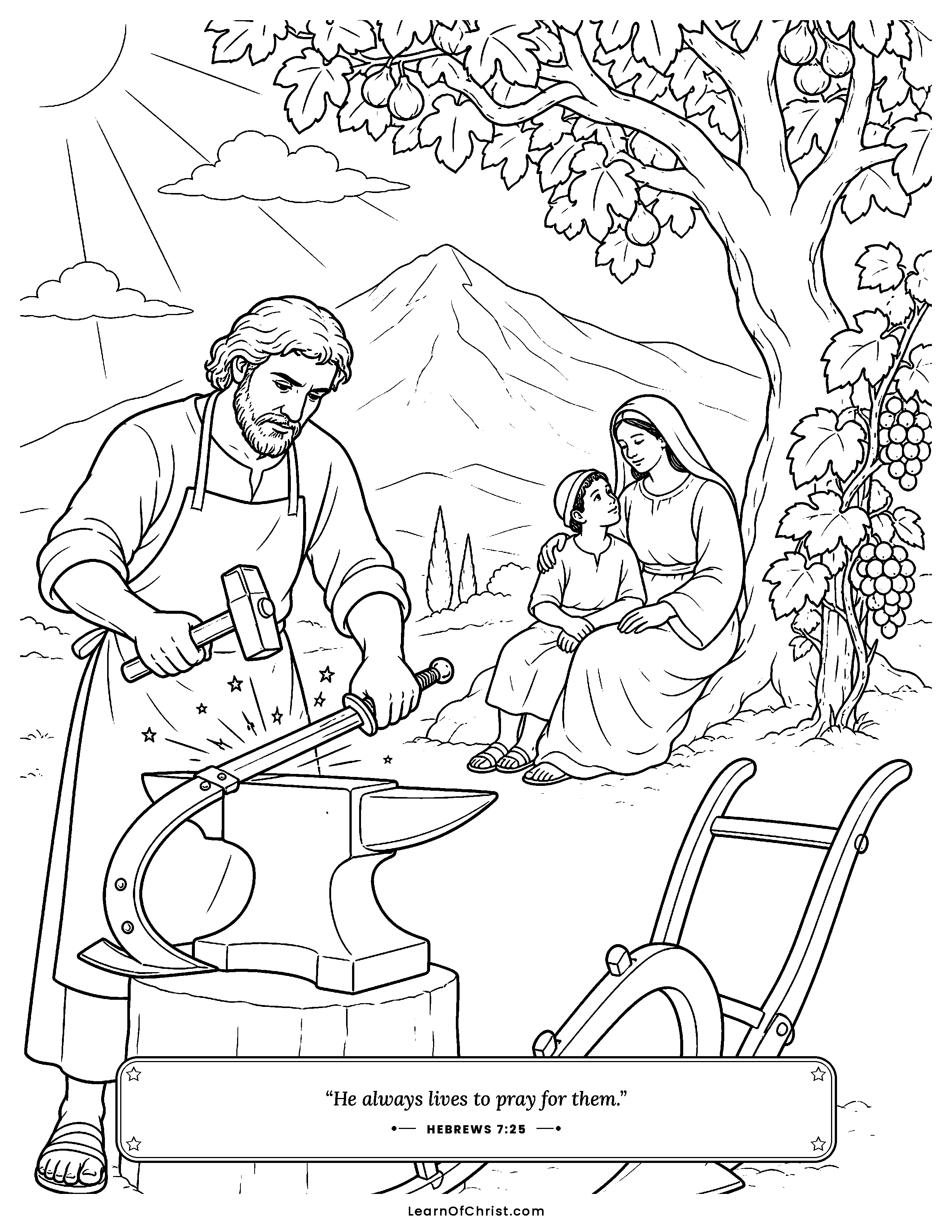 Hebrews 7 coloring page - Bread and a cup on the road. Free printable Bible coloring sheet for kids.