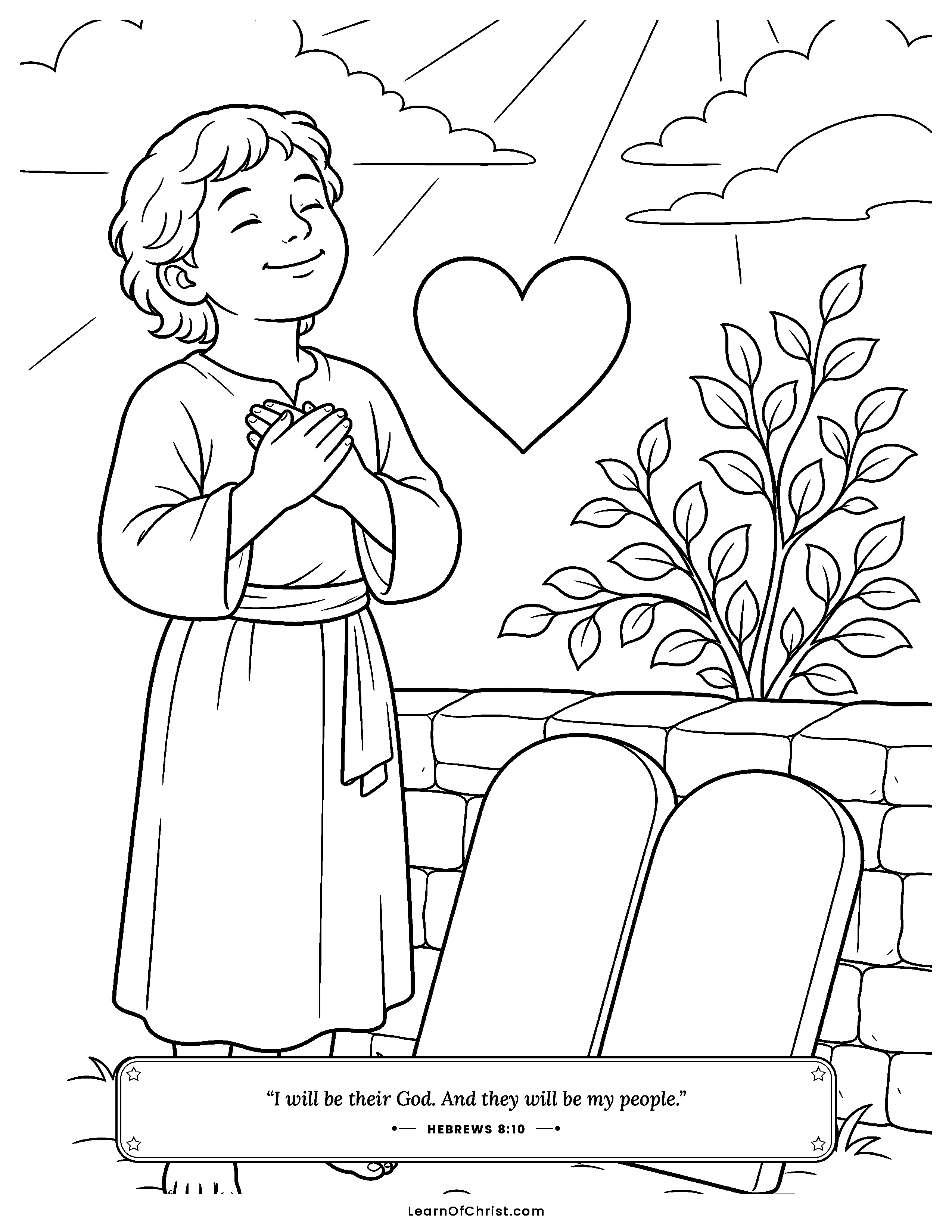 Hebrews 8 coloring page - From rules on stone to love in hearts. Free printable Bible coloring sheet for kids.