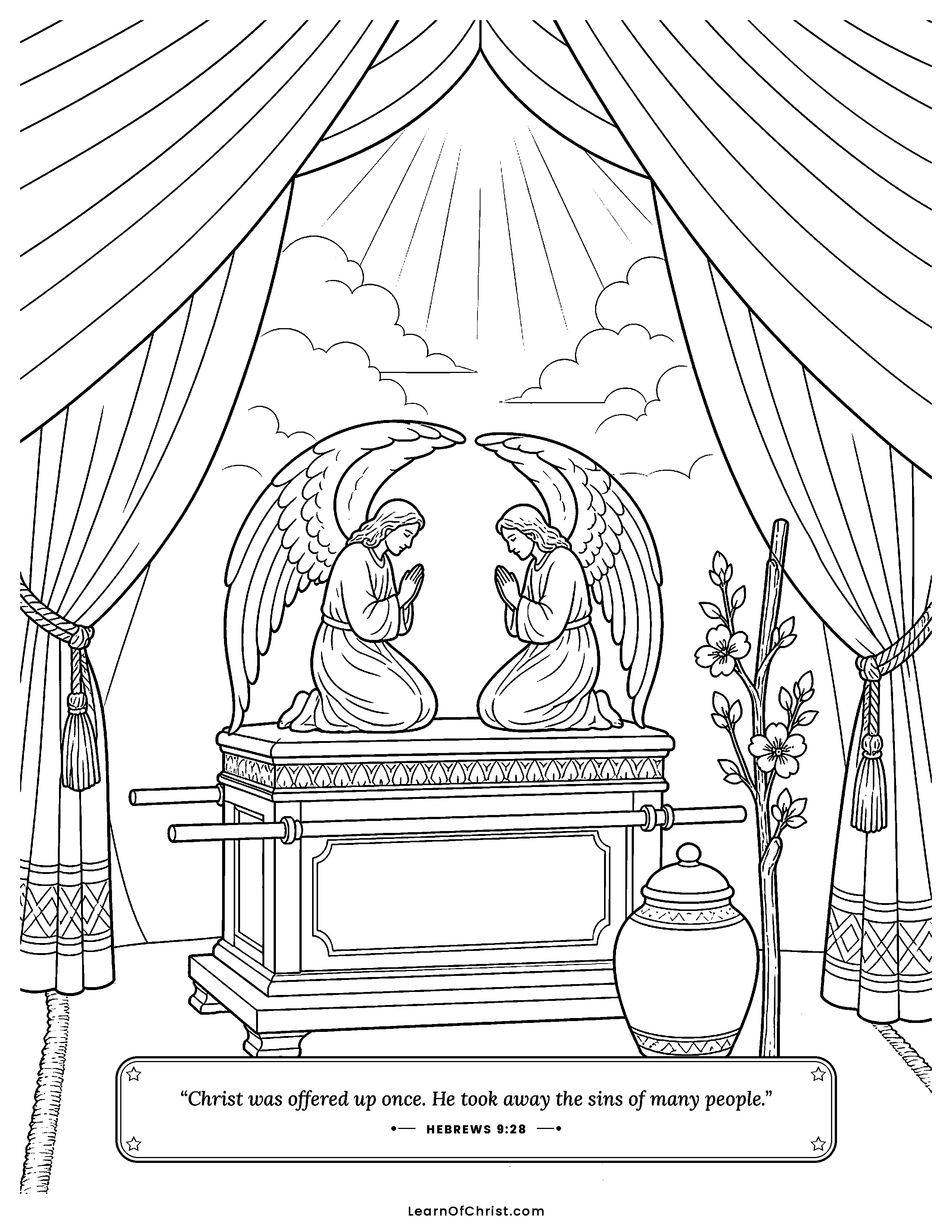 Hebrews 9 coloring page - Inside the holy tent. Free printable Bible coloring sheet for kids.
