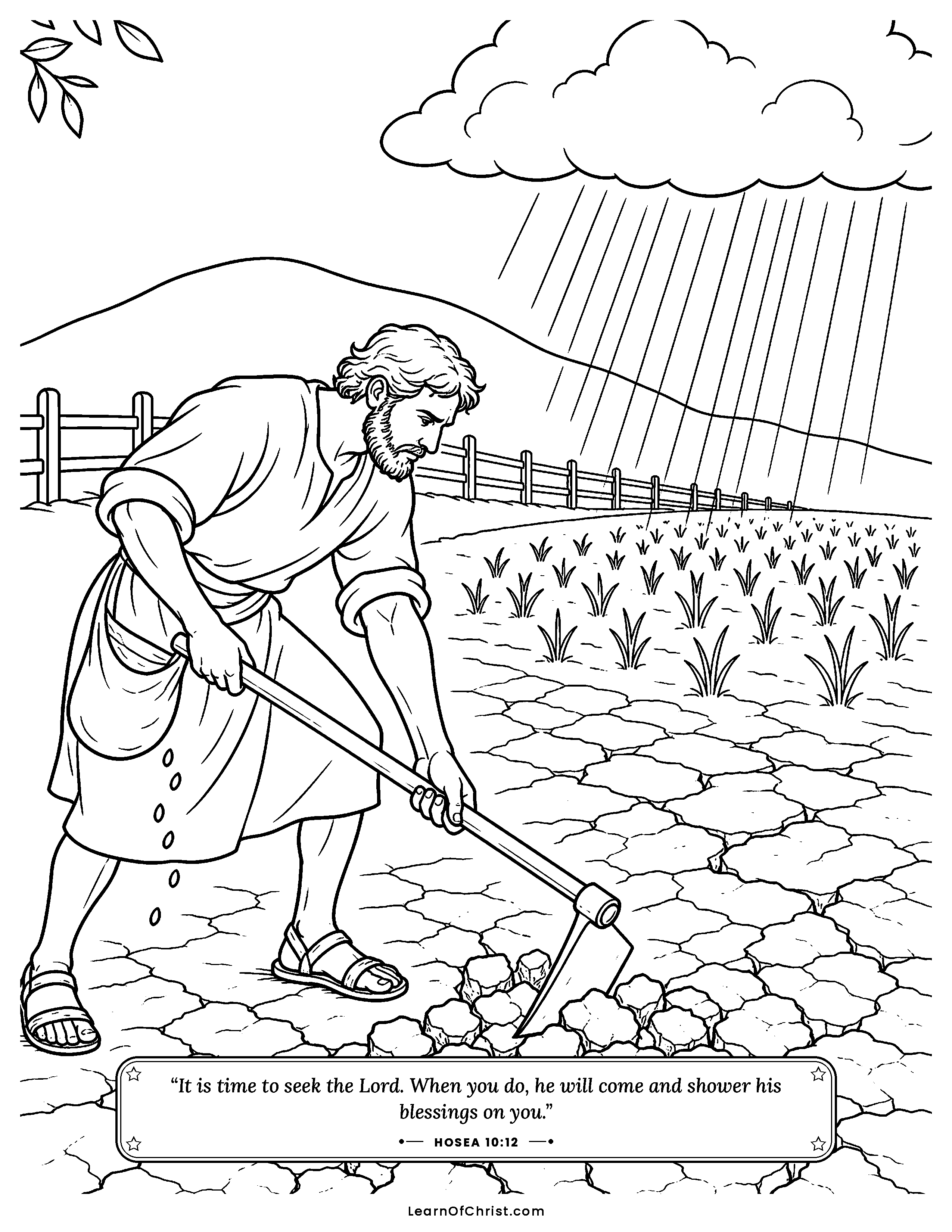 Hosea 10 coloring page - Breaking up the hard, dry ground. Free printable Bible coloring sheet for kids.