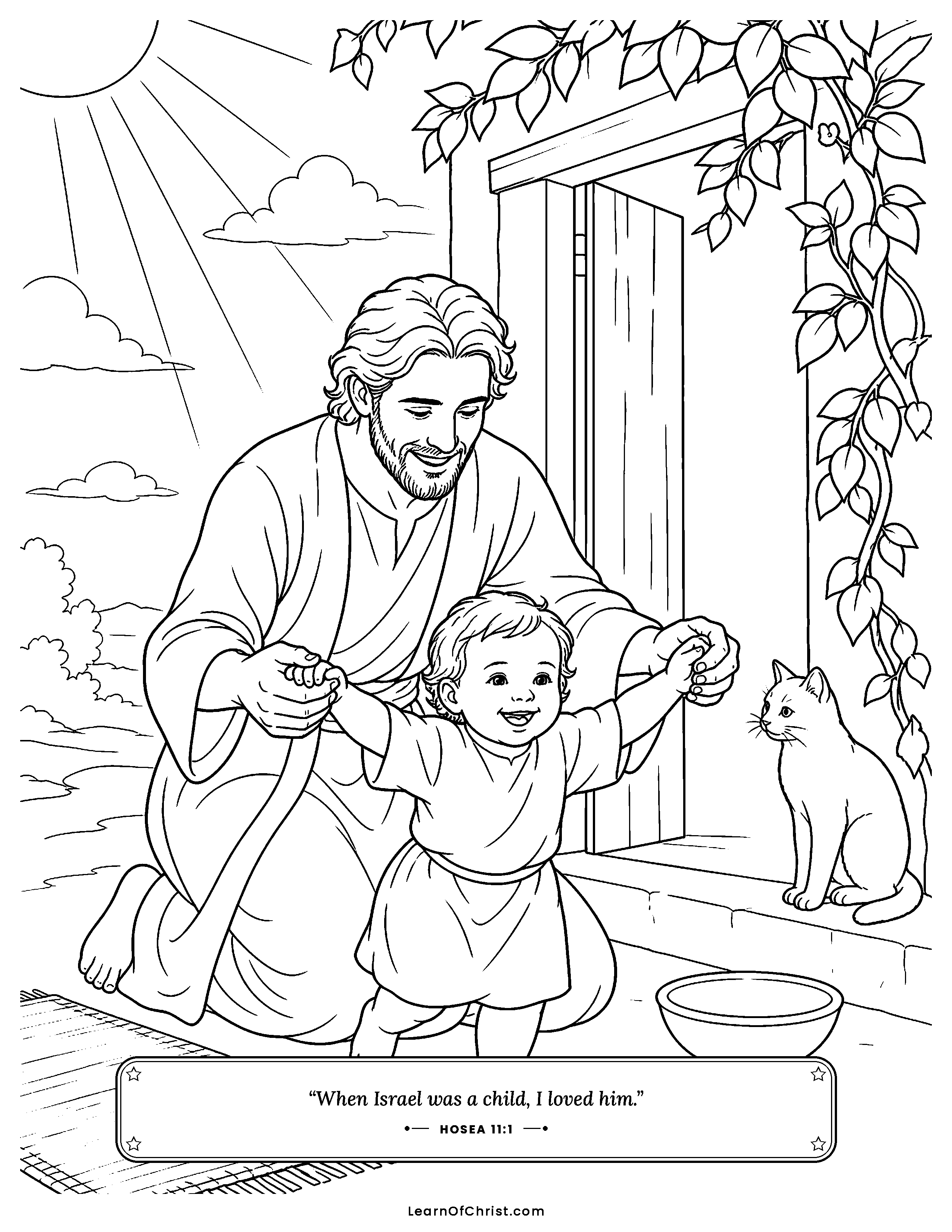 Hosea 11 coloring page - A parent teaches a child to walk. Free printable Bible coloring sheet for kids.