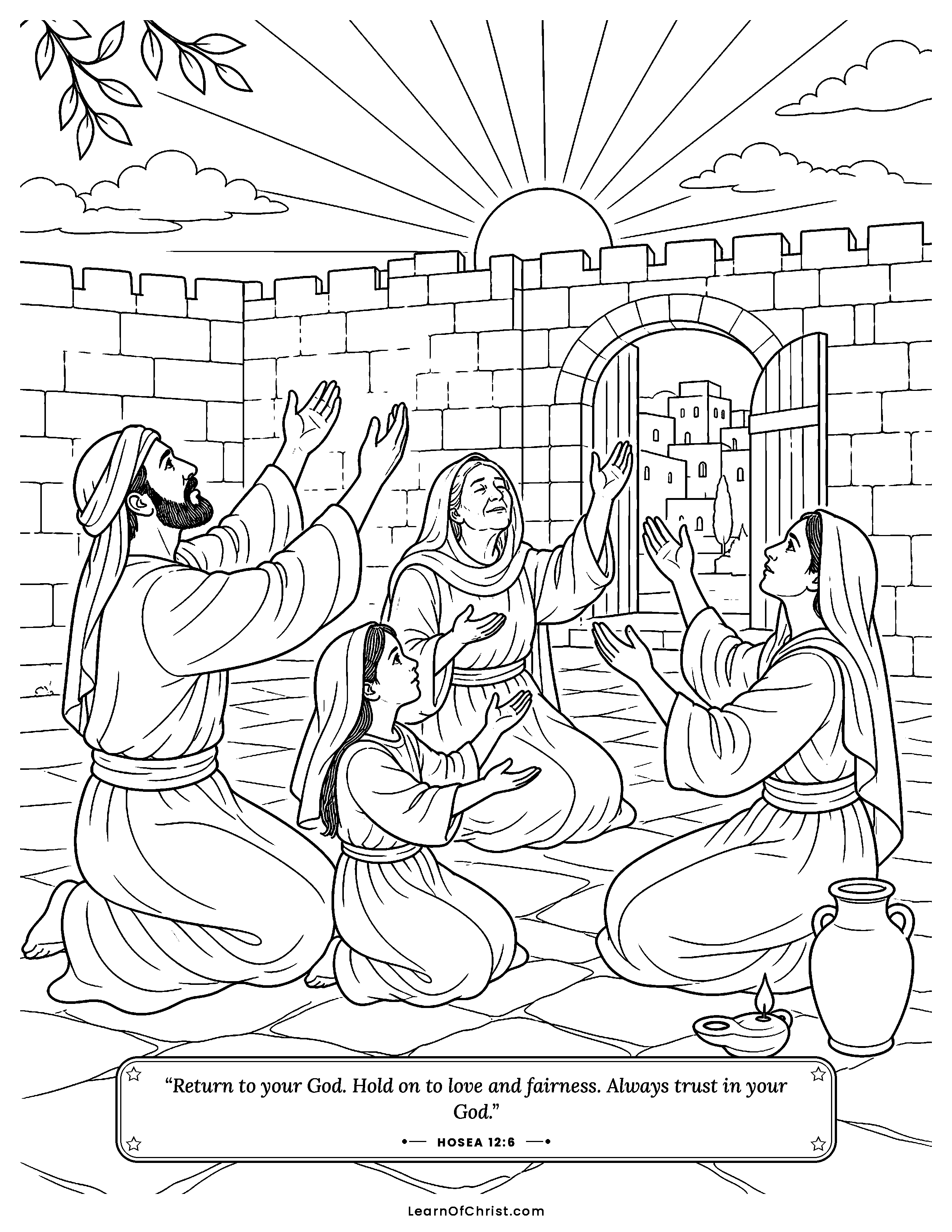 Hosea 12 coloring page - Waiting at the stone until morning. Free printable Bible coloring sheet for kids.