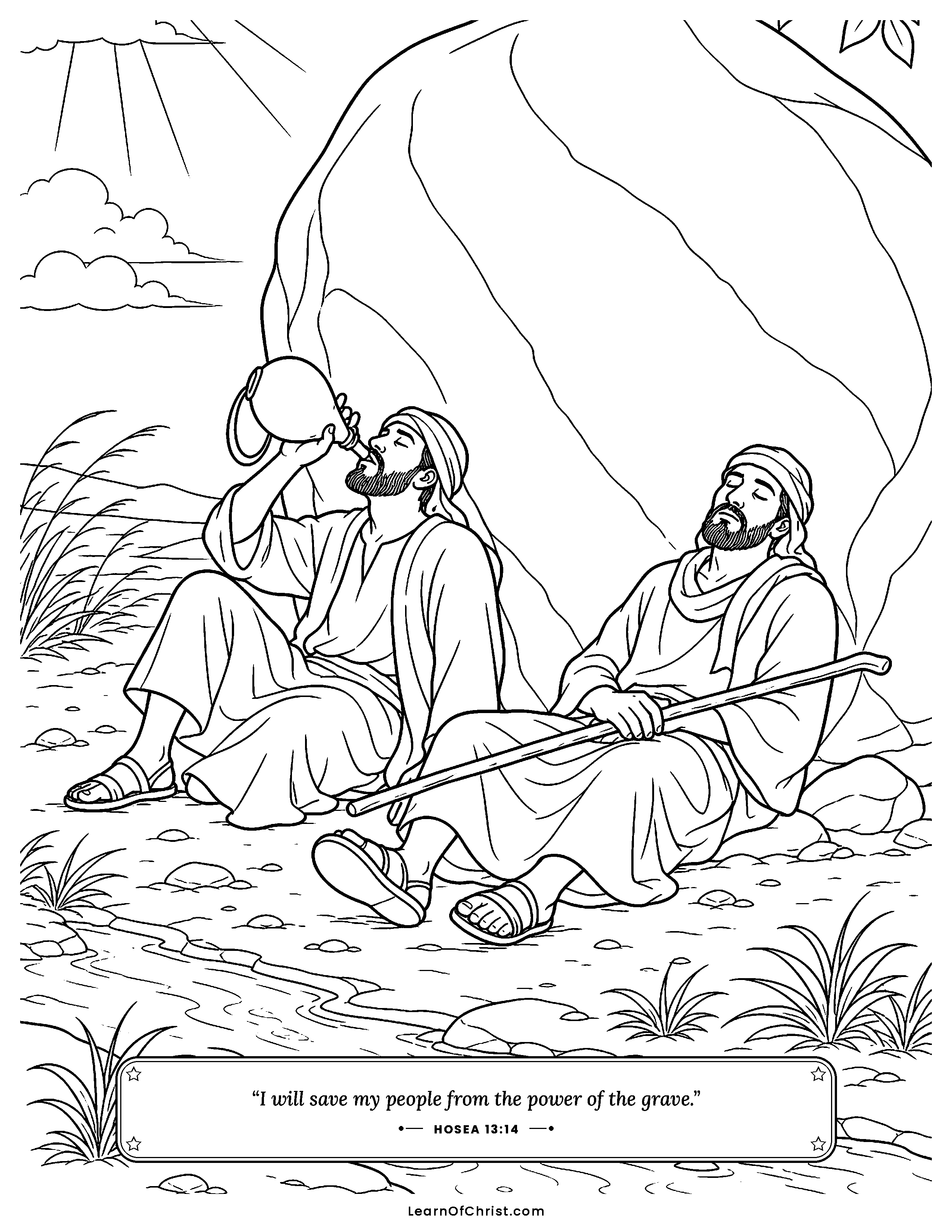 Hosea 13 coloring page - Water in the dry desert. Free printable Bible coloring sheet for kids.