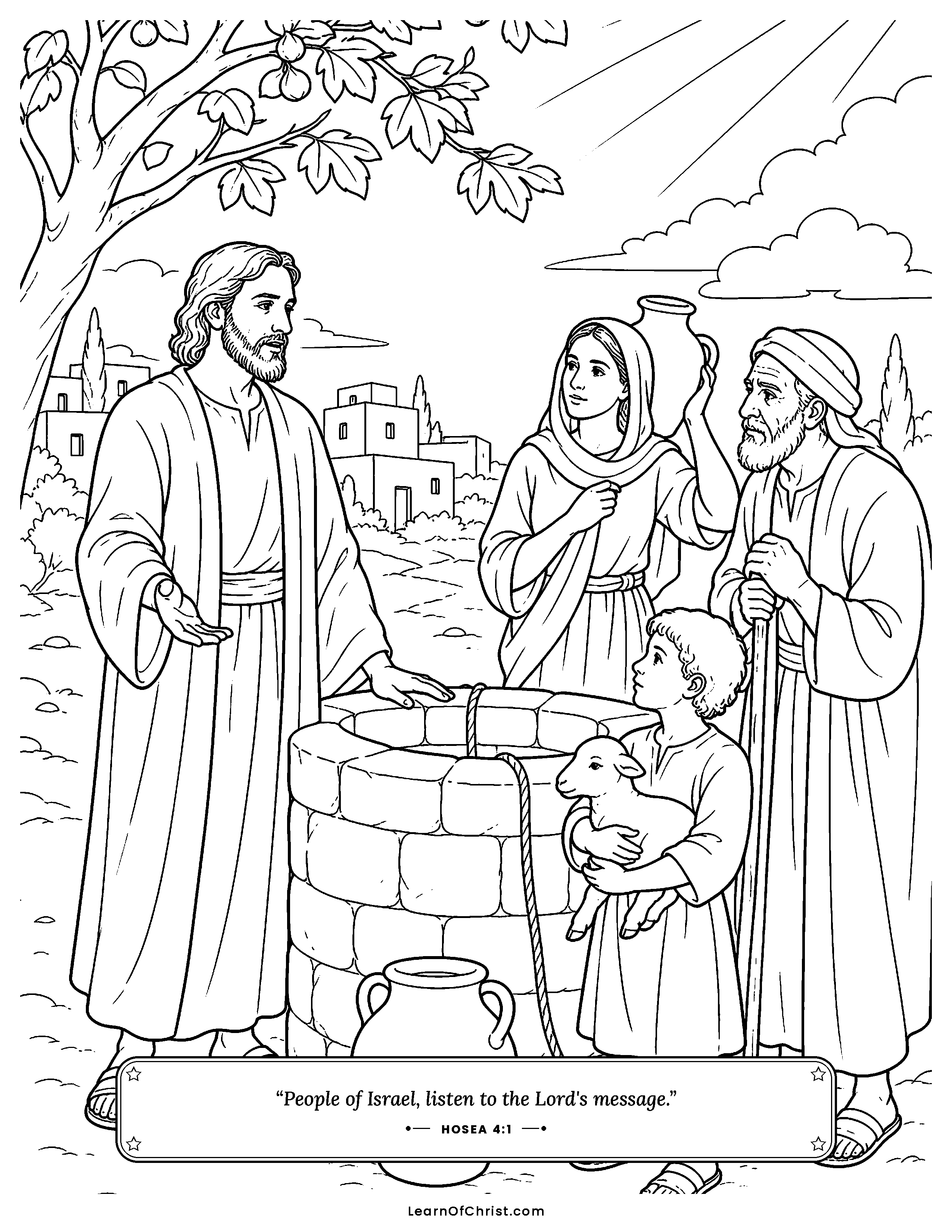 Hosea 4 coloring page - Hosea speaks kindly at the village well. Free printable Bible coloring sheet for kids.