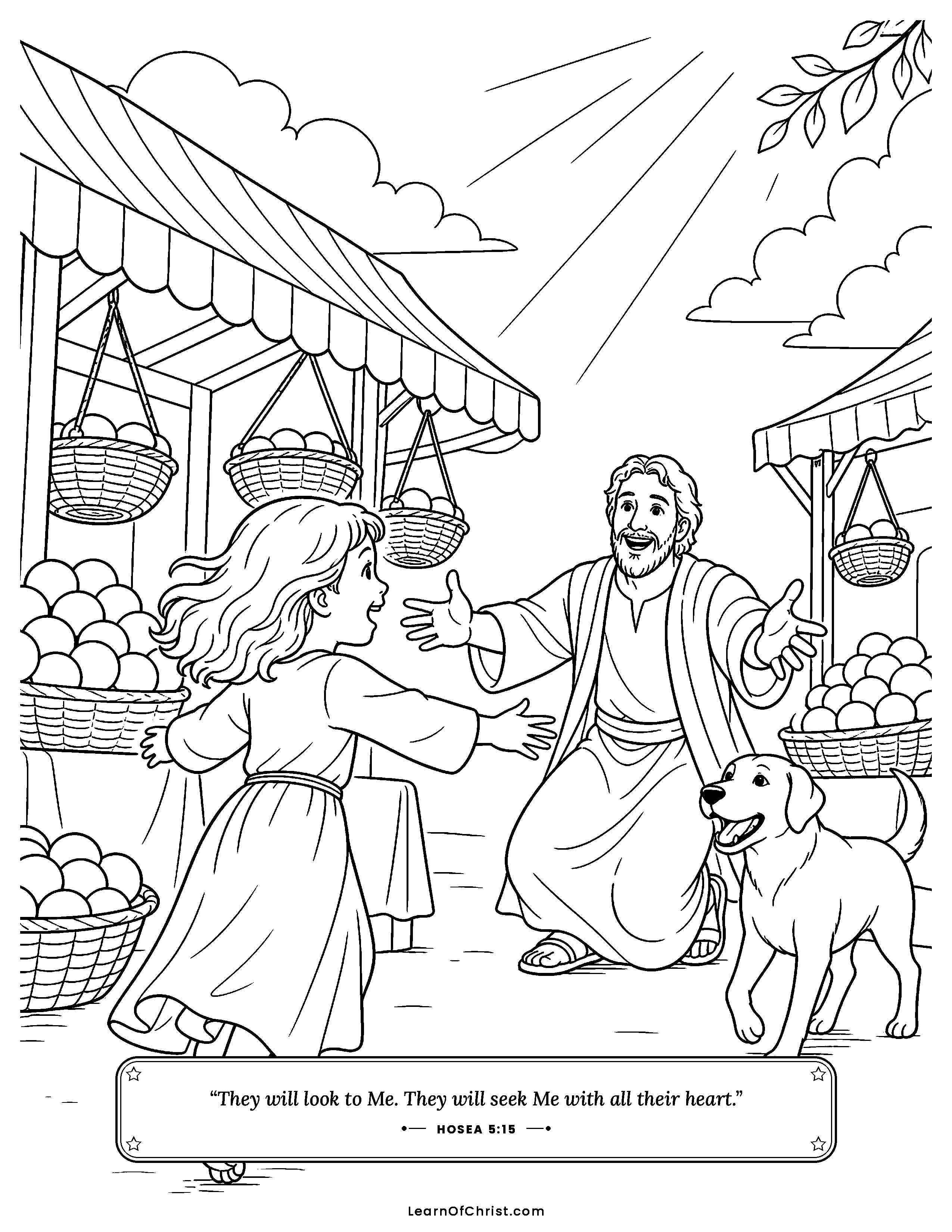 Hosea 5 coloring page - A lost child finds her grown-up. Free printable Bible coloring sheet for kids.