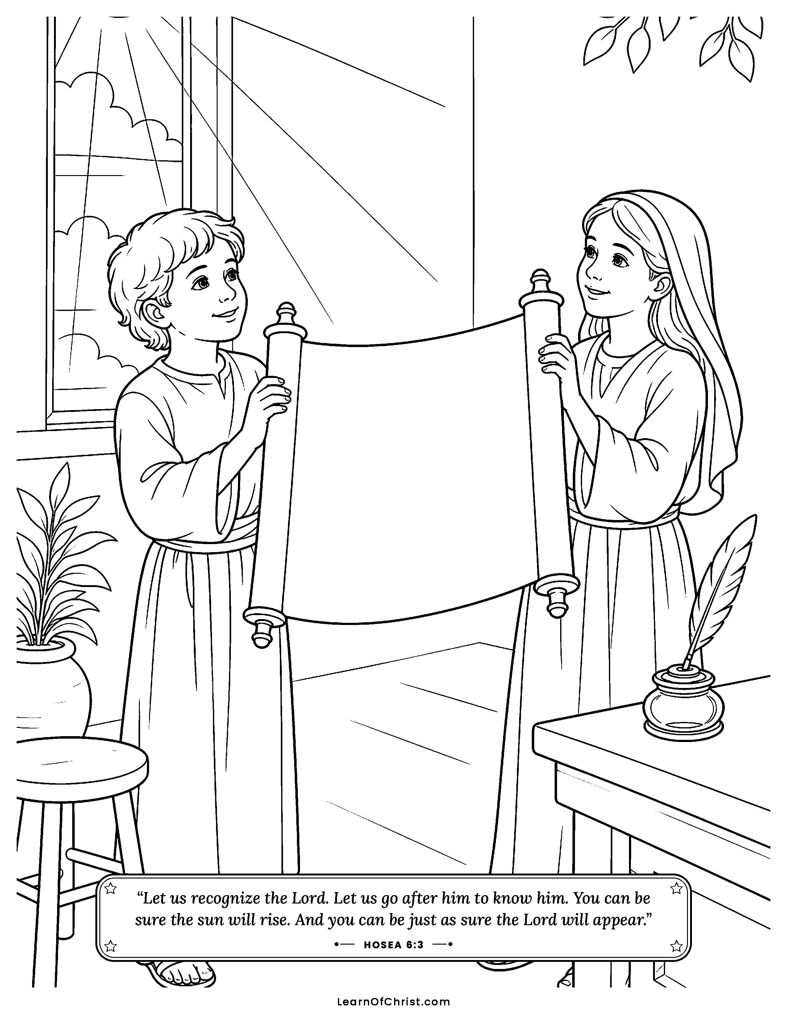 Hosea 6 coloring page - Walking toward a sure sunrise. Free printable Bible coloring sheet for kids.