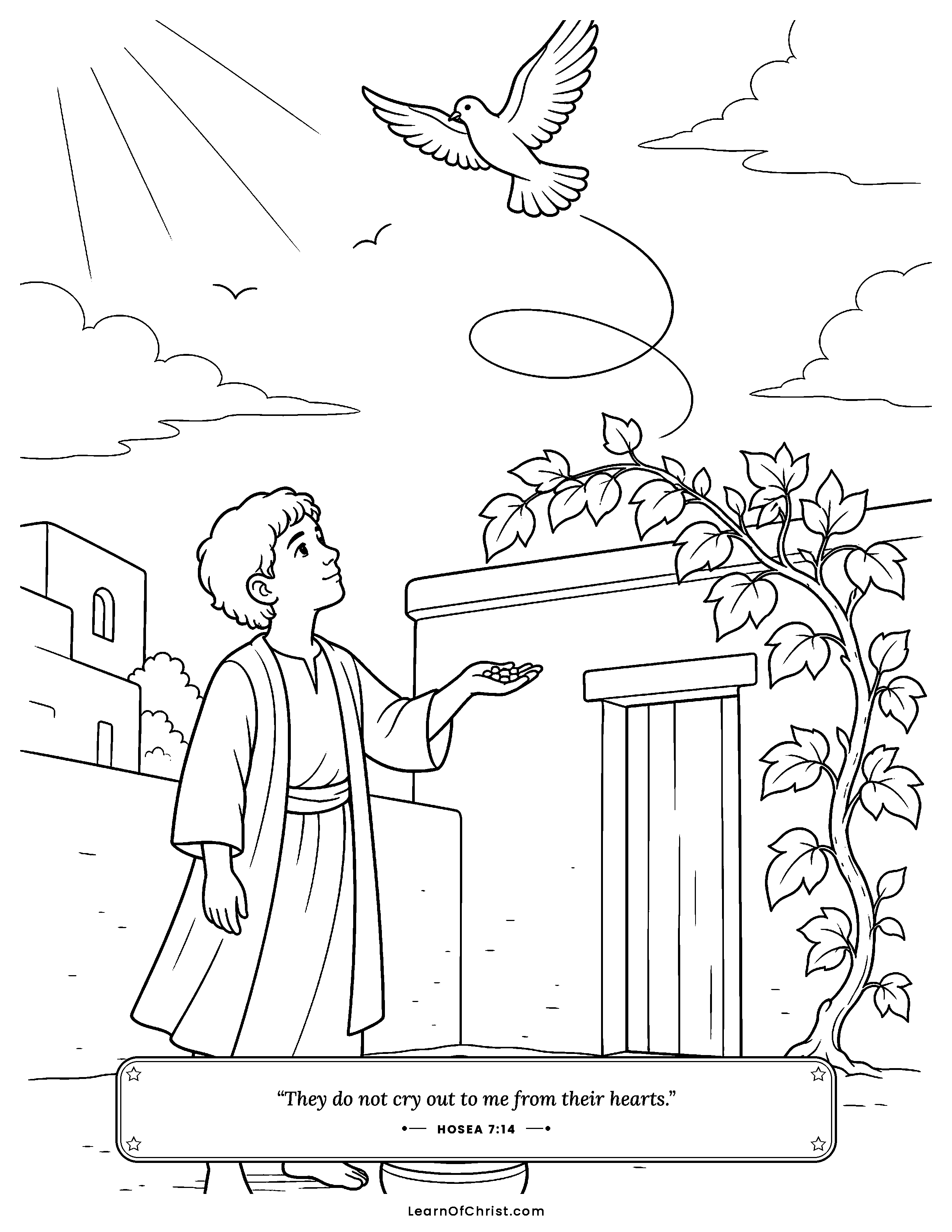 Hosea 7 coloring page - A little dove flutters in circles. Free printable Bible coloring sheet for kids.