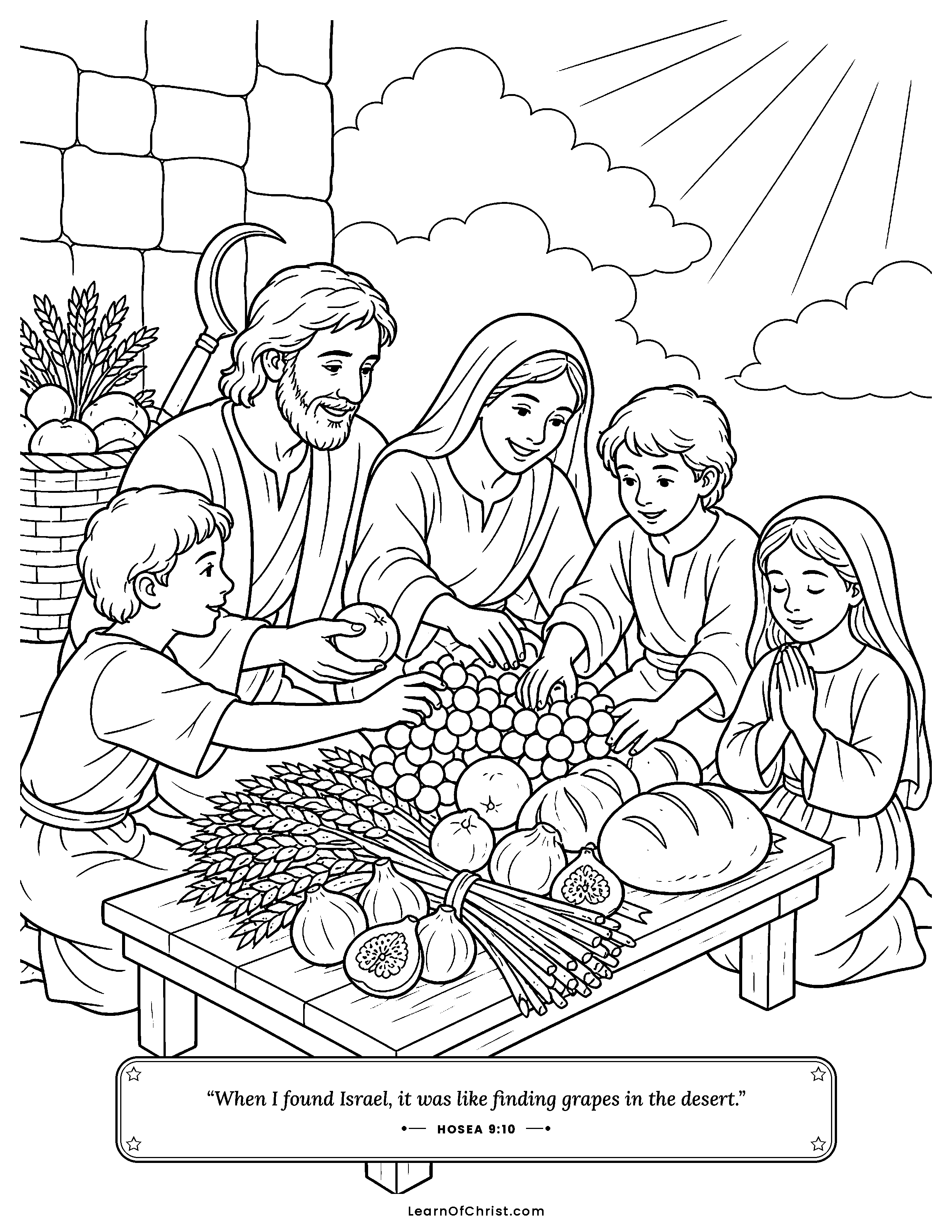 Hosea 9 coloring page - One child remembers to say thank you. Free printable Bible coloring sheet for kids.