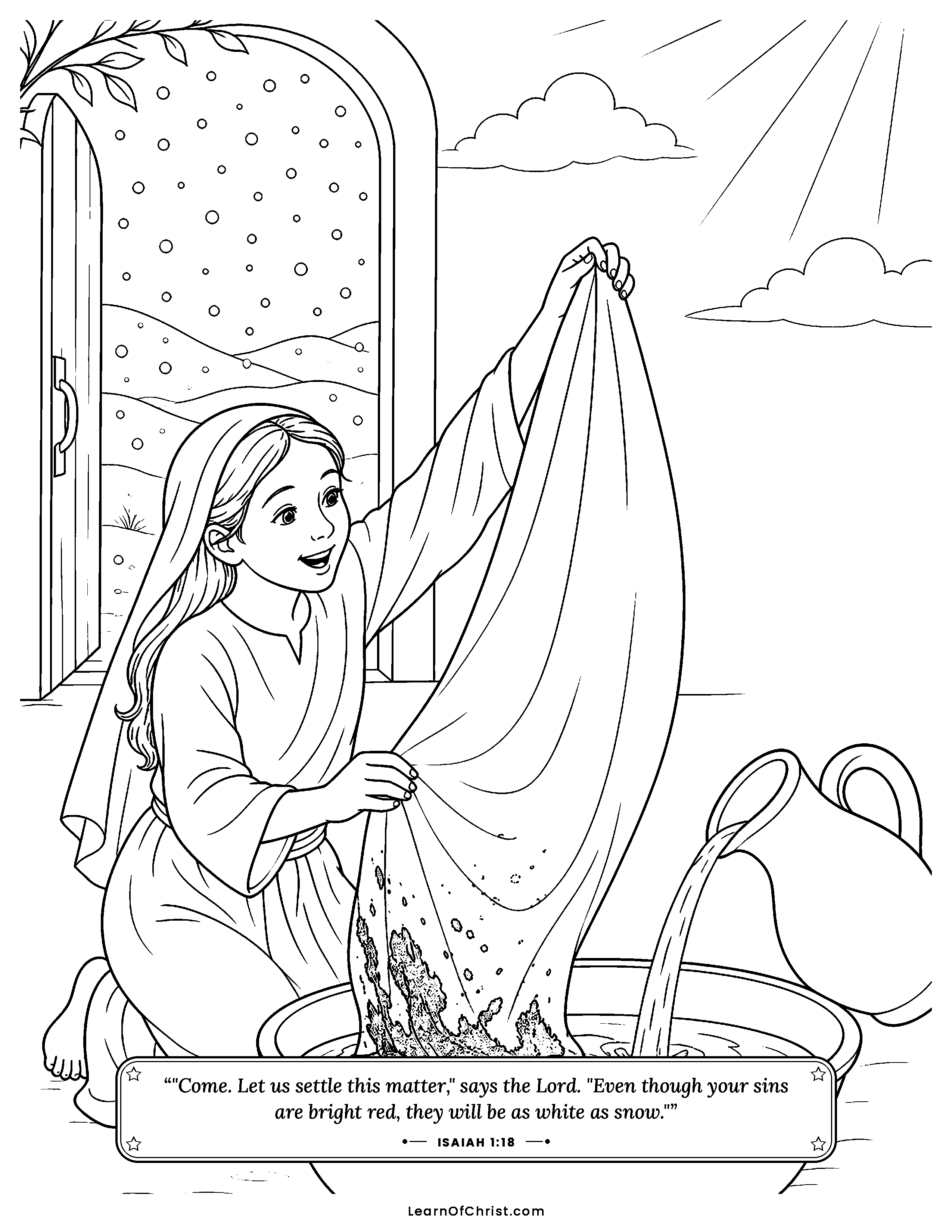Isaiah 1 coloring page - Washed as white as fresh snow. Free printable Bible coloring sheet for kids.