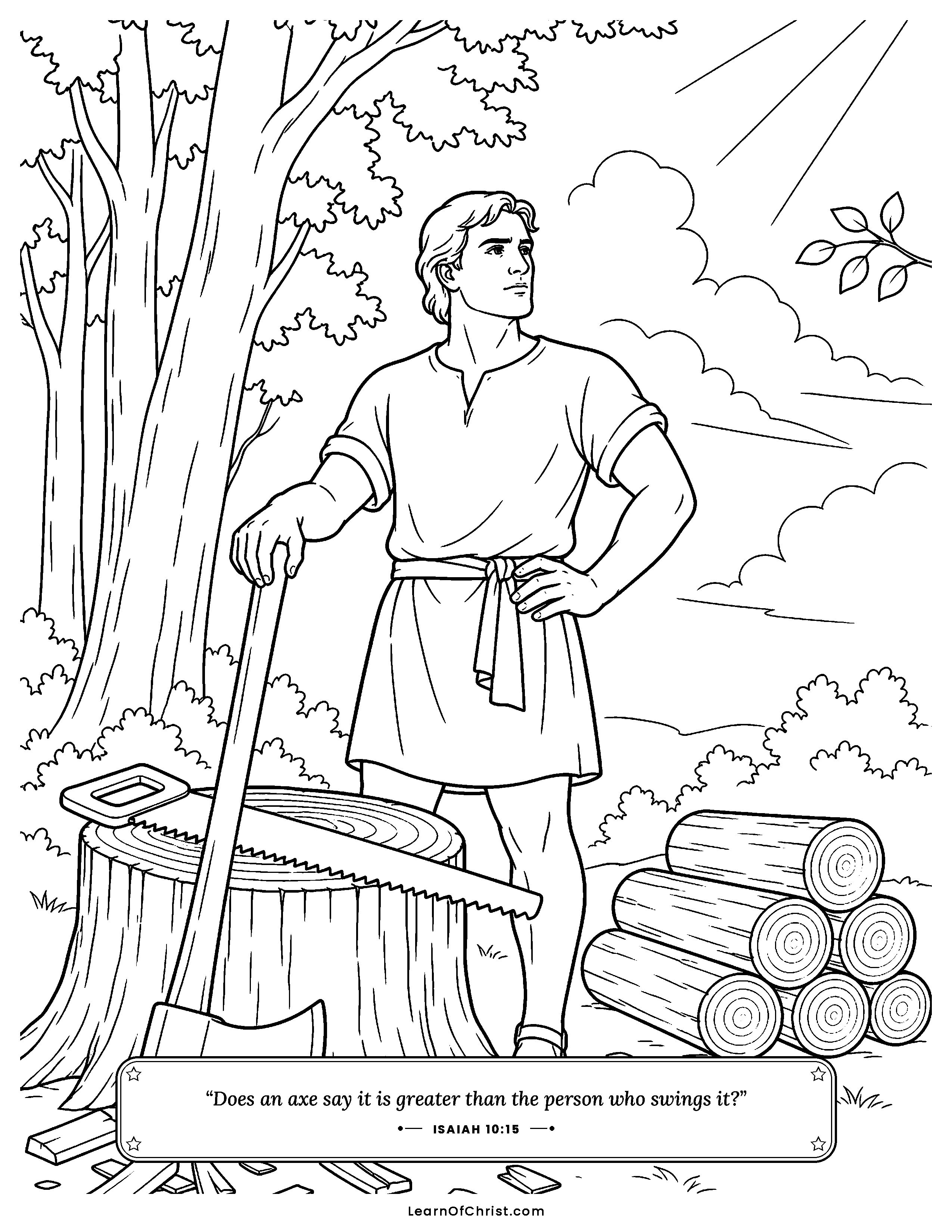 Isaiah 10 coloring page - An axe and saw beside the woodcutter. Free printable Bible coloring sheet for kids.