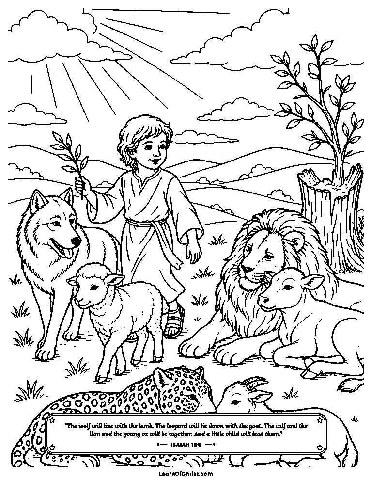 A little child leads peaceful wild animals