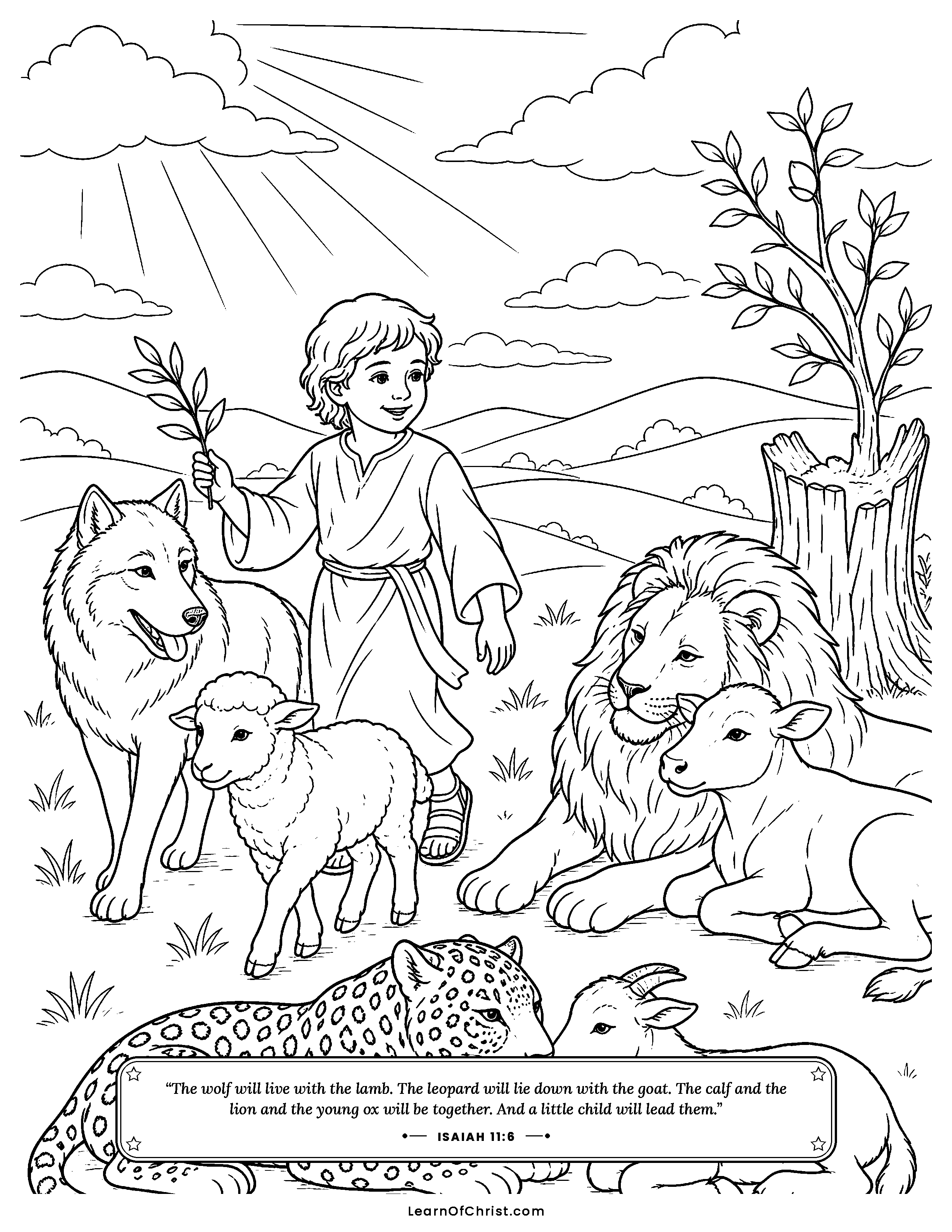 Isaiah 11 coloring page - A little child leads peaceful wild animals. Free printable Bible coloring sheet for kids.