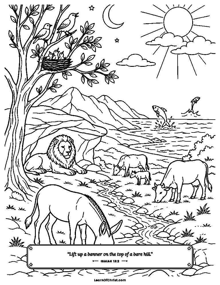 Isaiah 13 coloring page - A banner raised on the bare hilltop