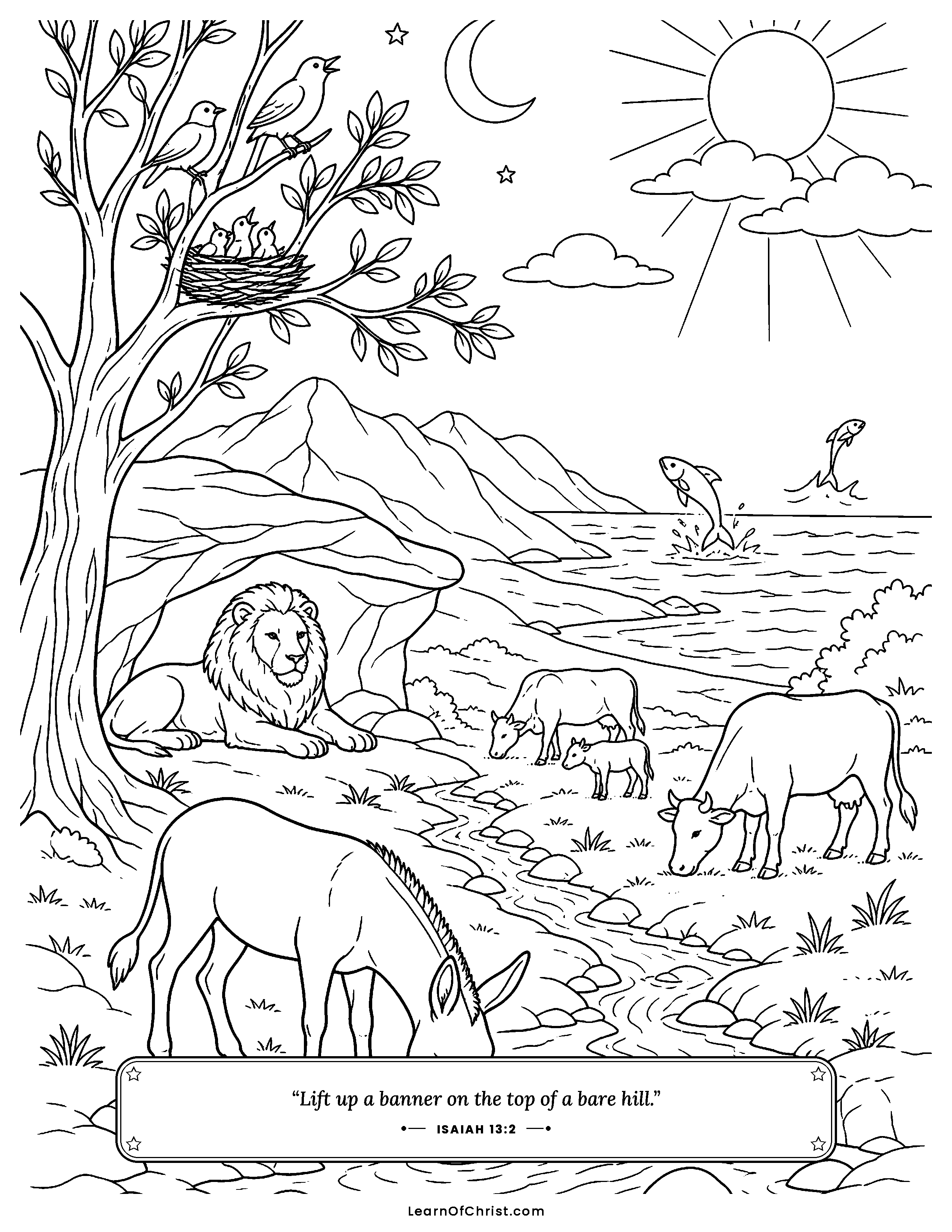 Isaiah 13 coloring page - A banner raised on the bare hilltop. Free printable Bible coloring sheet for kids.