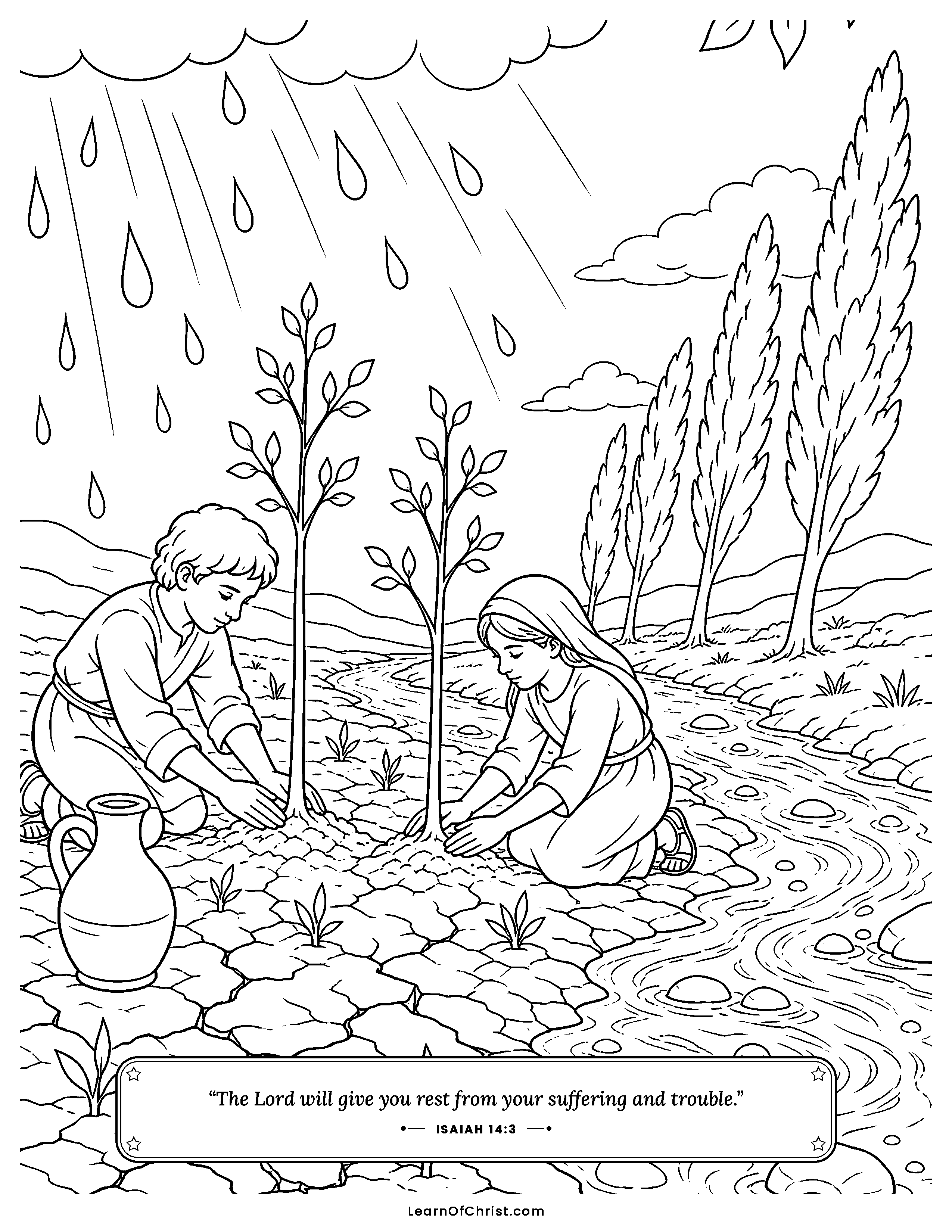 Isaiah 14 coloring page - A tired family finally rests at home. Free printable Bible coloring sheet for kids.