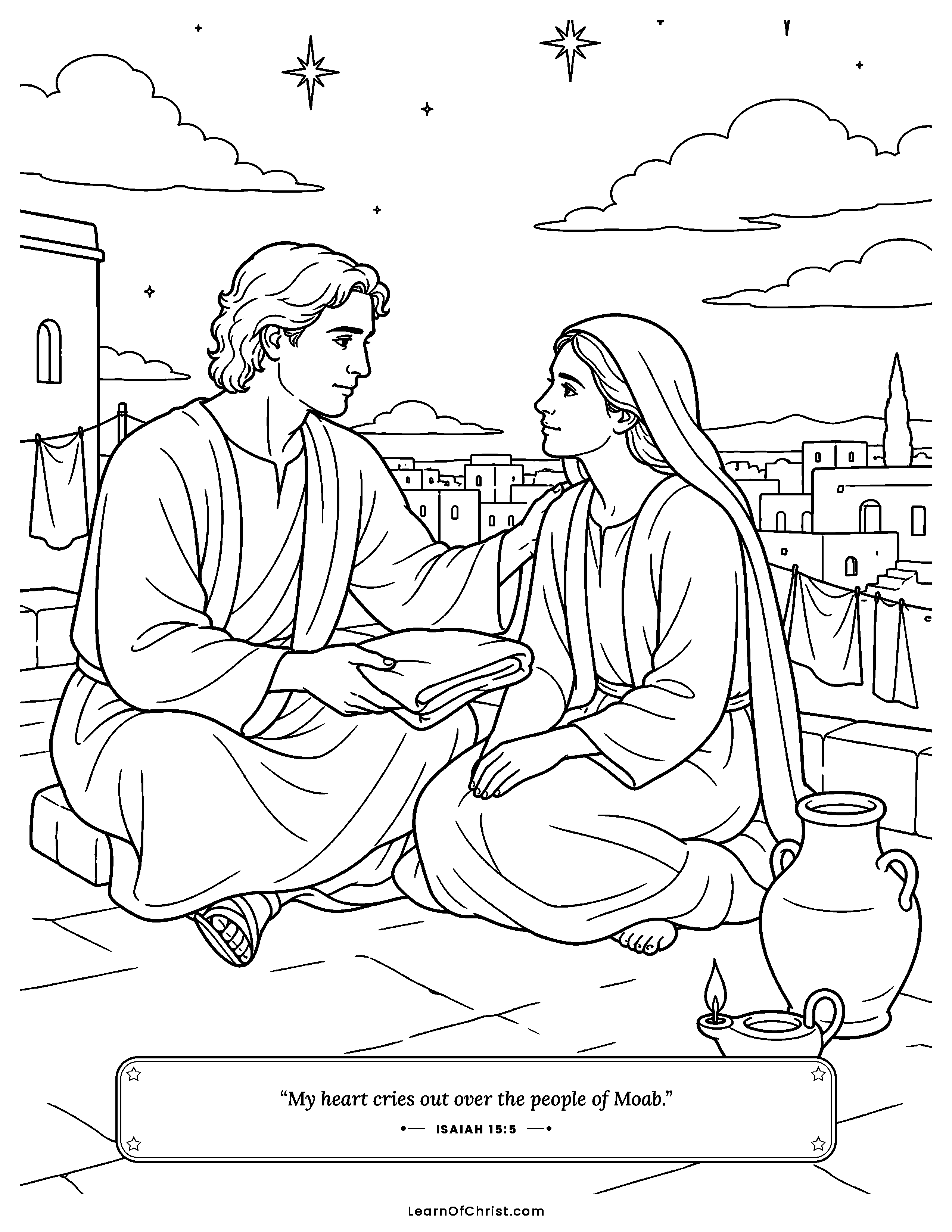 Isaiah 15 coloring page - A neighbor comforts a neighbor on the rooftop. Free printable Bible coloring sheet for kids.