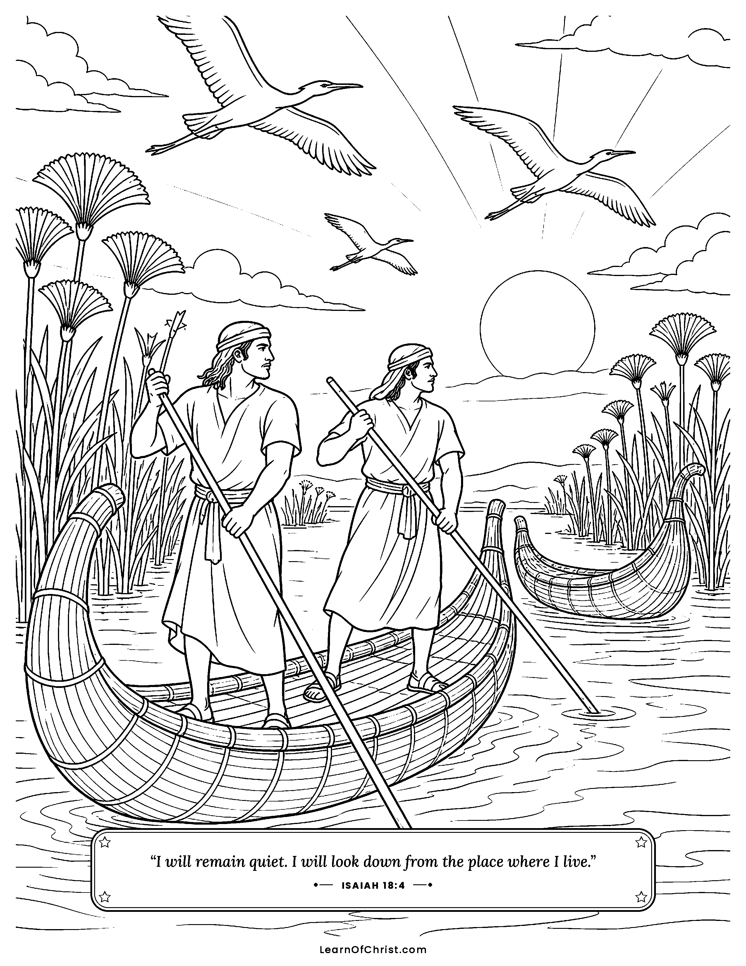 Isaiah 18 coloring page - Swift reed boats on a wide river. Free printable Bible coloring sheet for kids.
