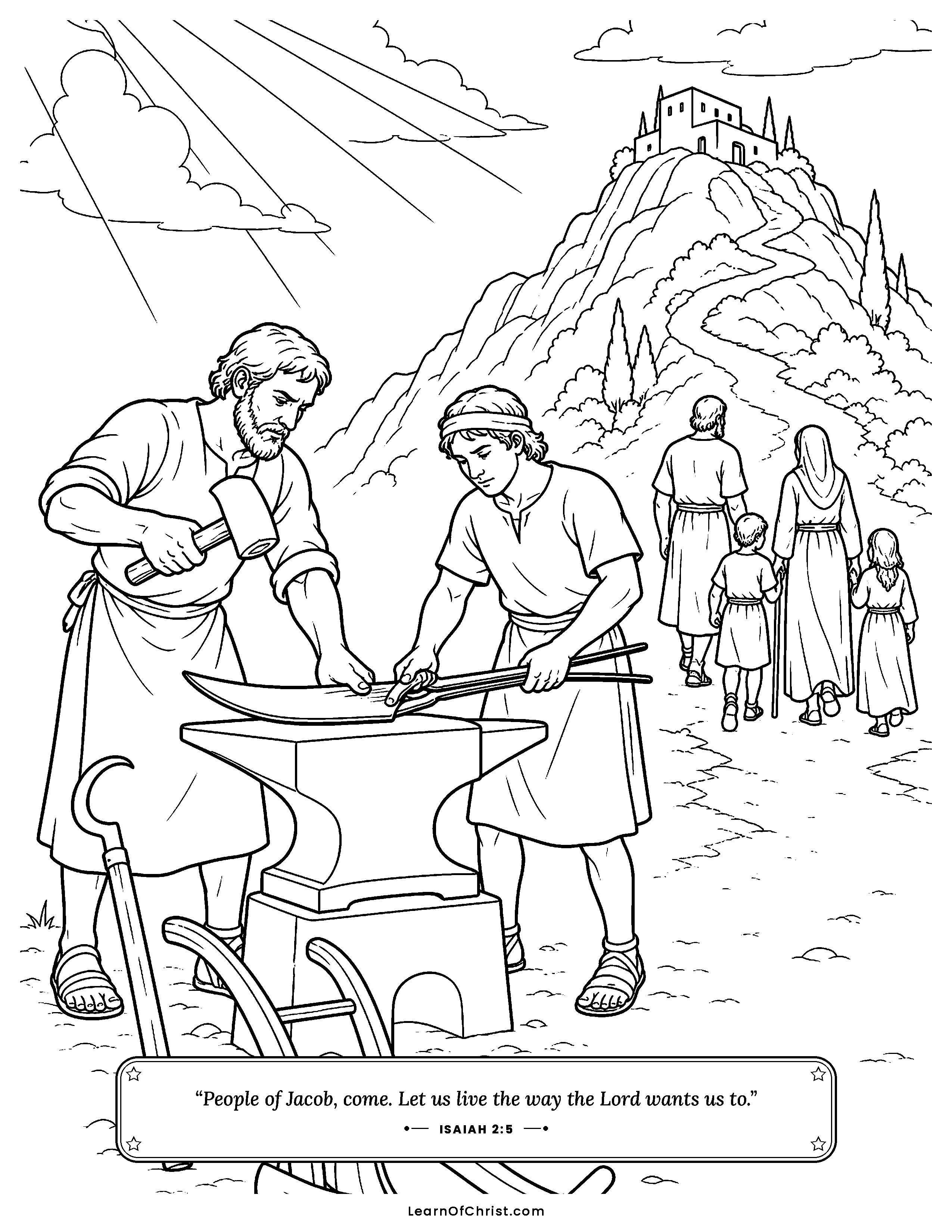 Isaiah 2 coloring page - Beating swords into farming tools. Free printable Bible coloring sheet for kids.