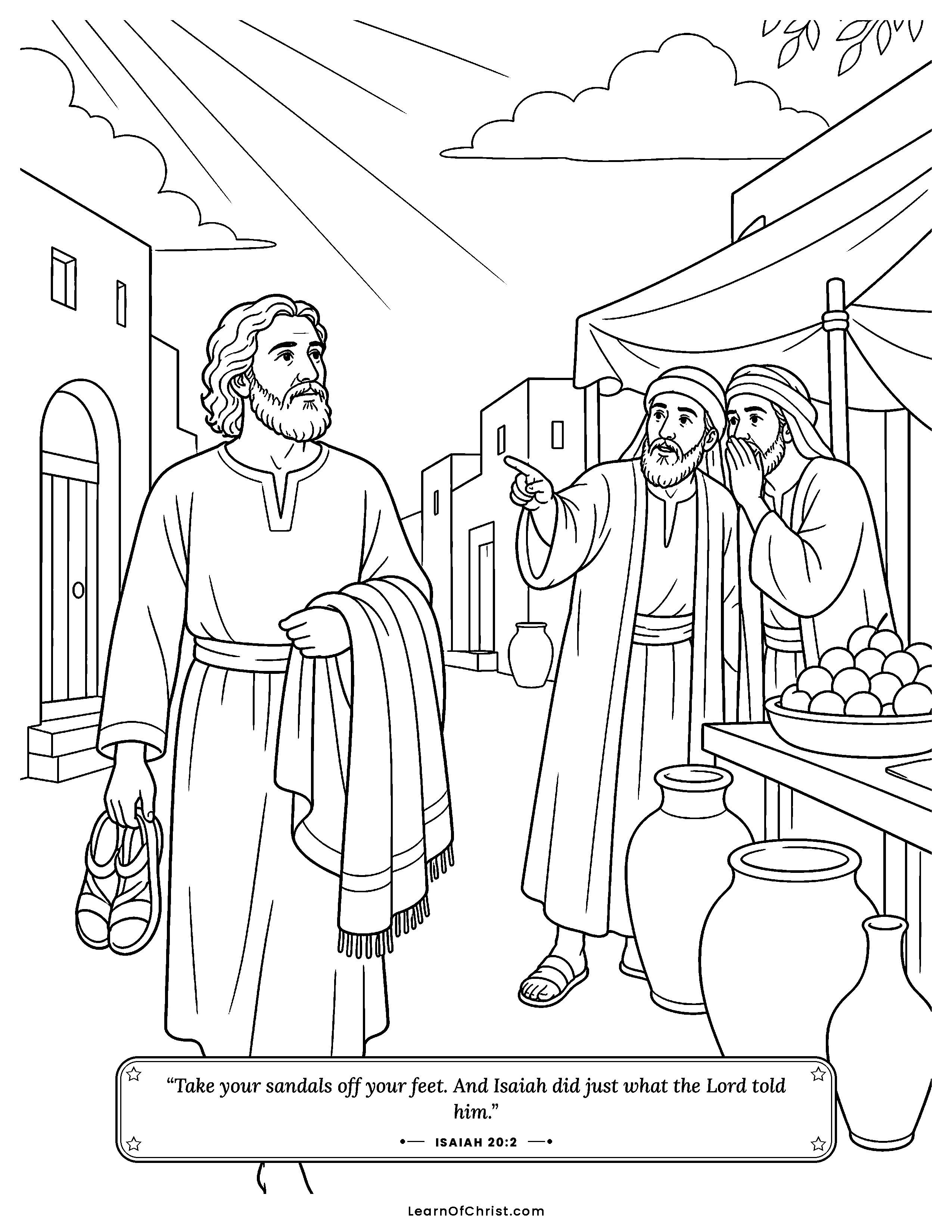 Isaiah 20 coloring page - Isaiah walks barefoot through the town. Free printable Bible coloring sheet for kids.