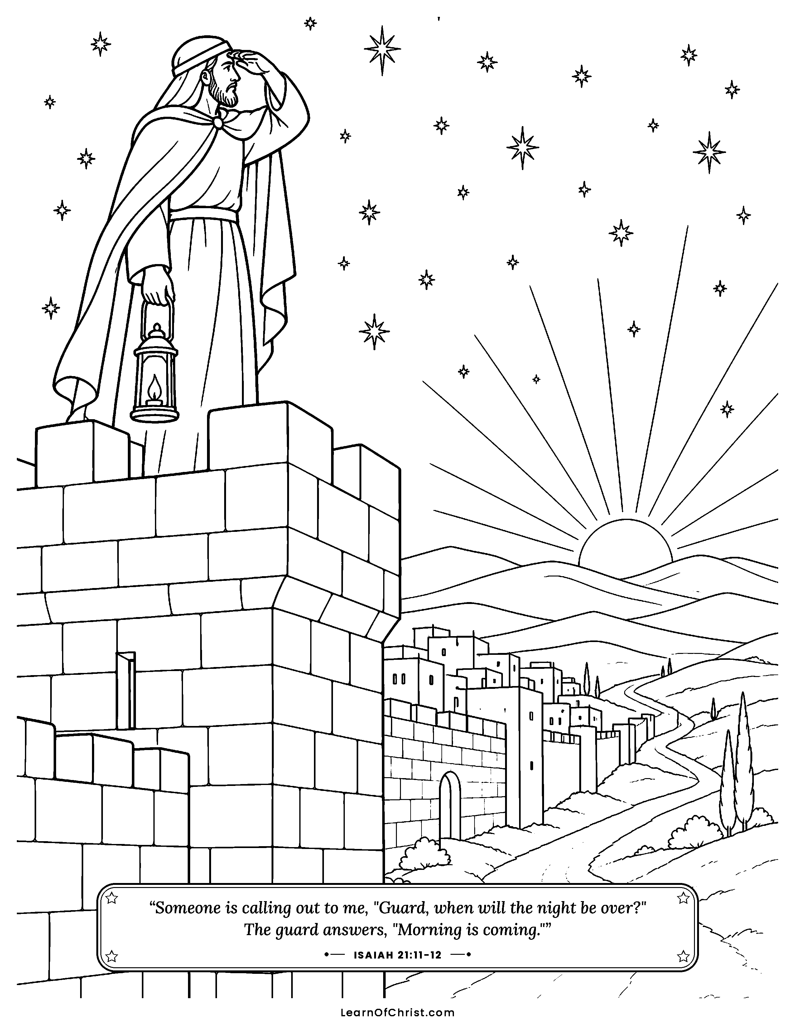 Isaiah 21 coloring page - The watchman waits for morning to come. Free printable Bible coloring sheet for kids.