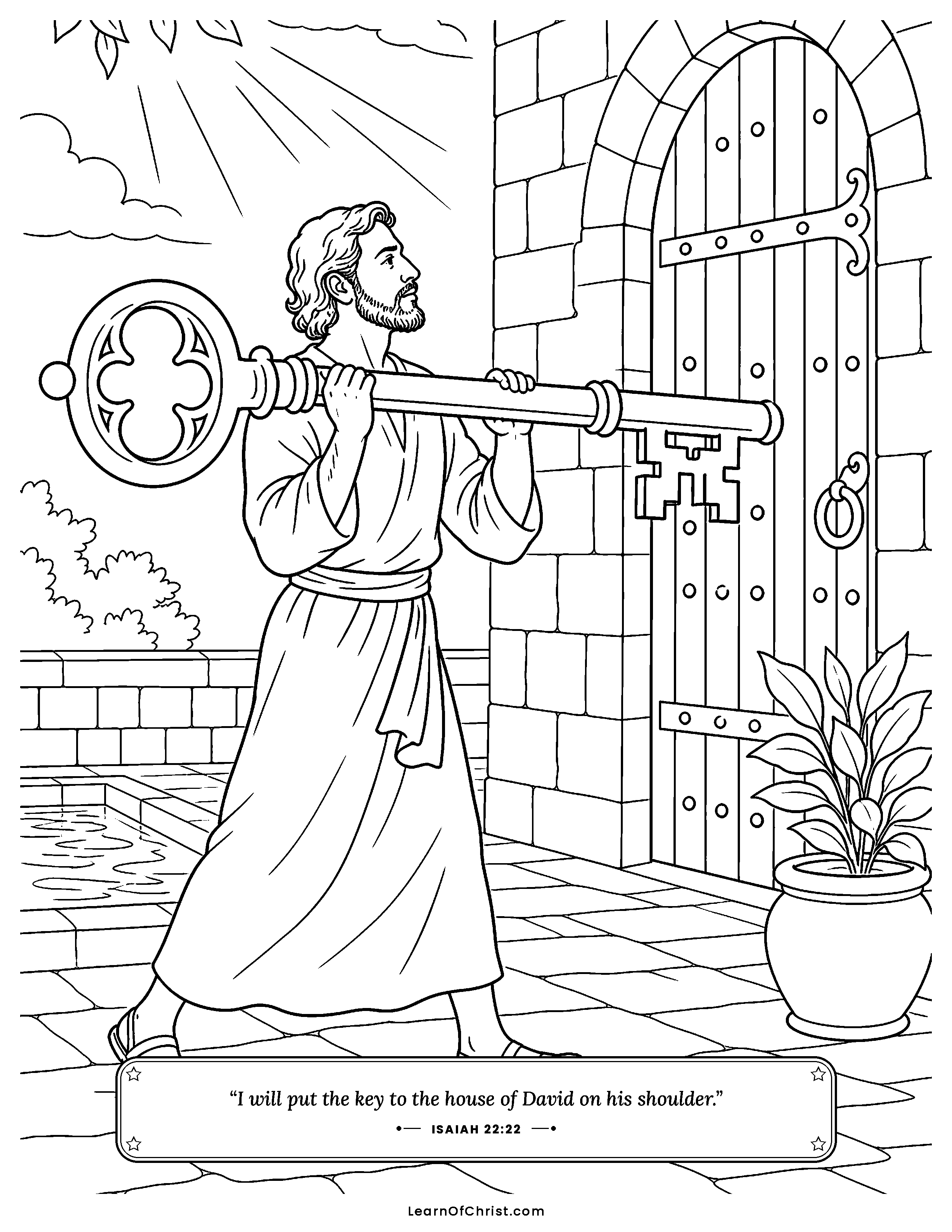 Isaiah 22 coloring page - A servant carries the great key. Free printable Bible coloring sheet for kids.