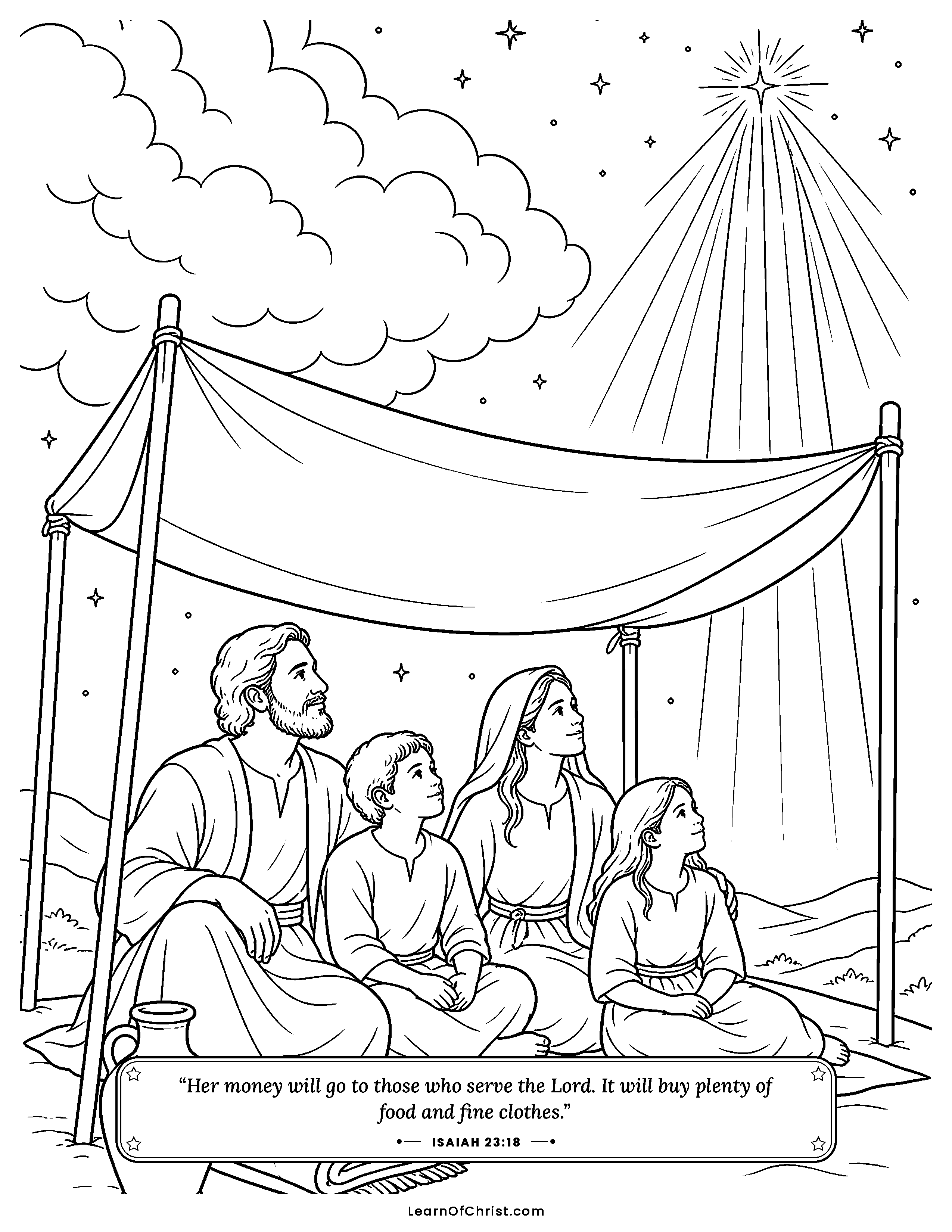 Isaiah 23 coloring page - The harbor's goods shared out. Free printable Bible coloring sheet for kids.