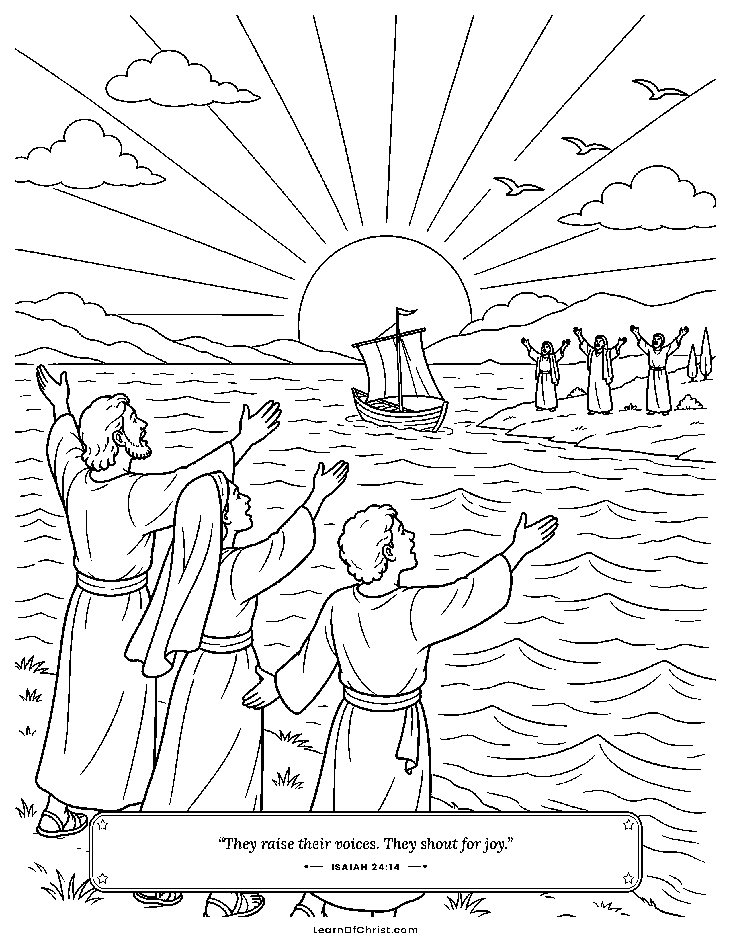 Isaiah 24 coloring page - The whole earth sings from every shore. Free printable Bible coloring sheet for kids.